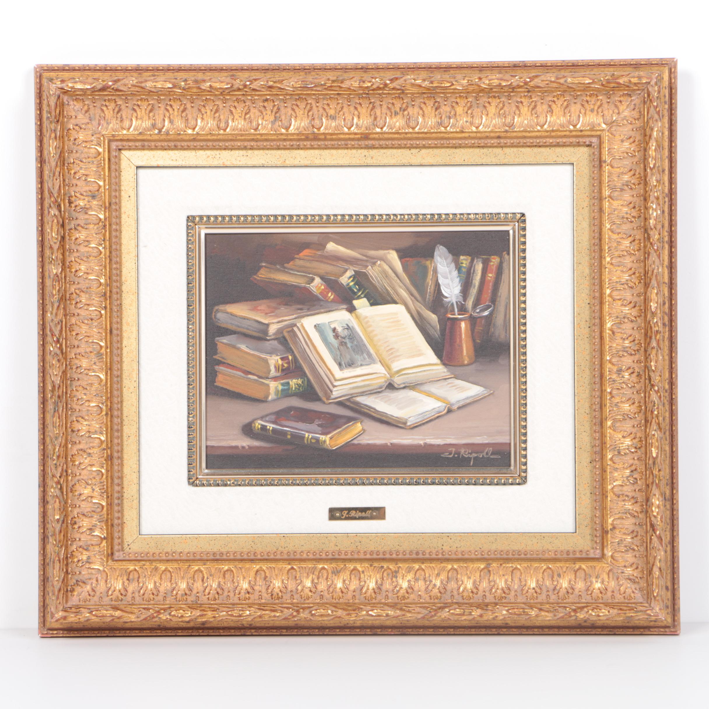 Jose Ripoll Oil on Canvas Still Life of Books