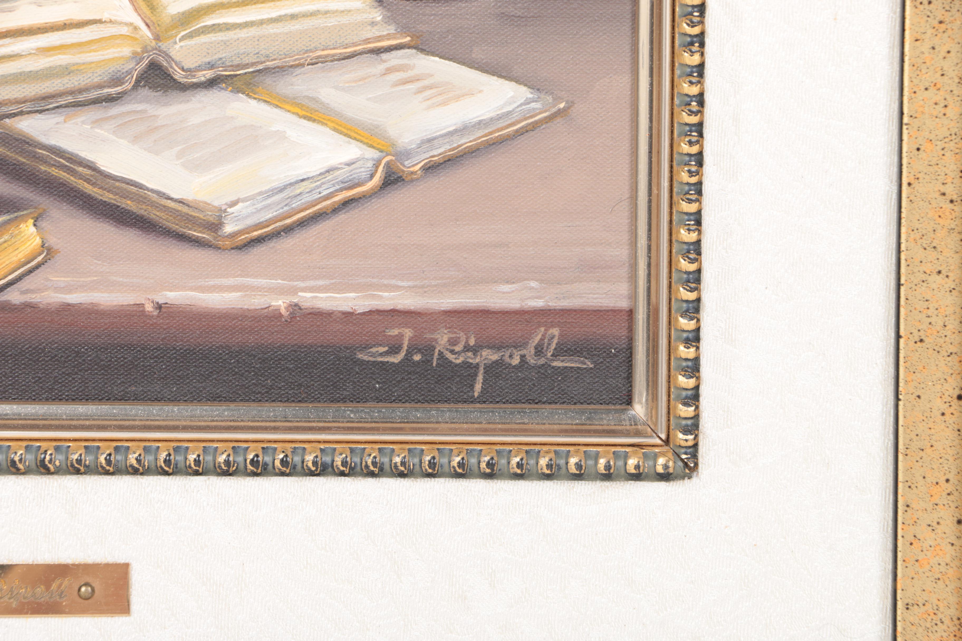 Jose Ripoll Oil on Canvas Still Life of Books