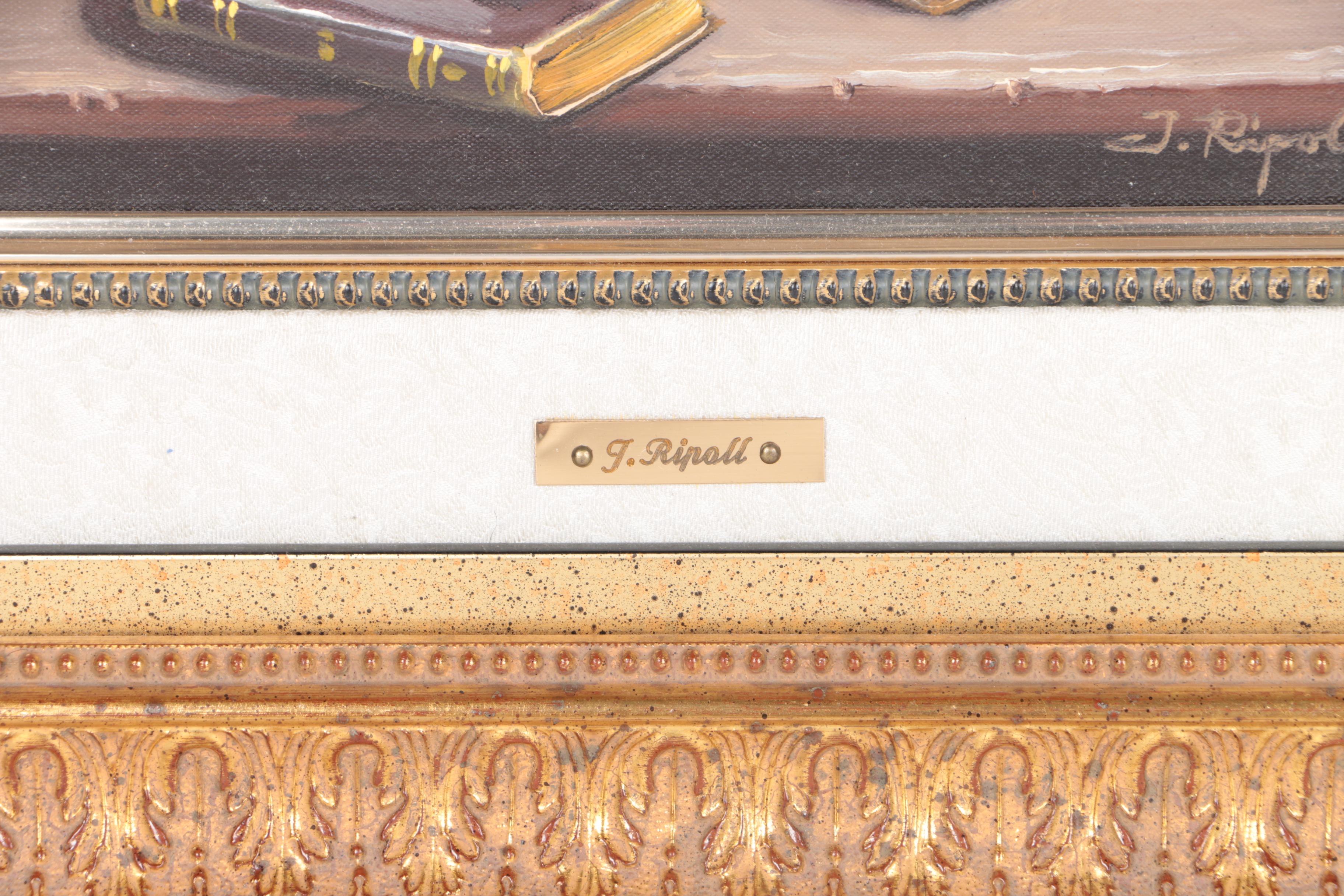 Jose Ripoll Oil on Canvas Still Life of Books