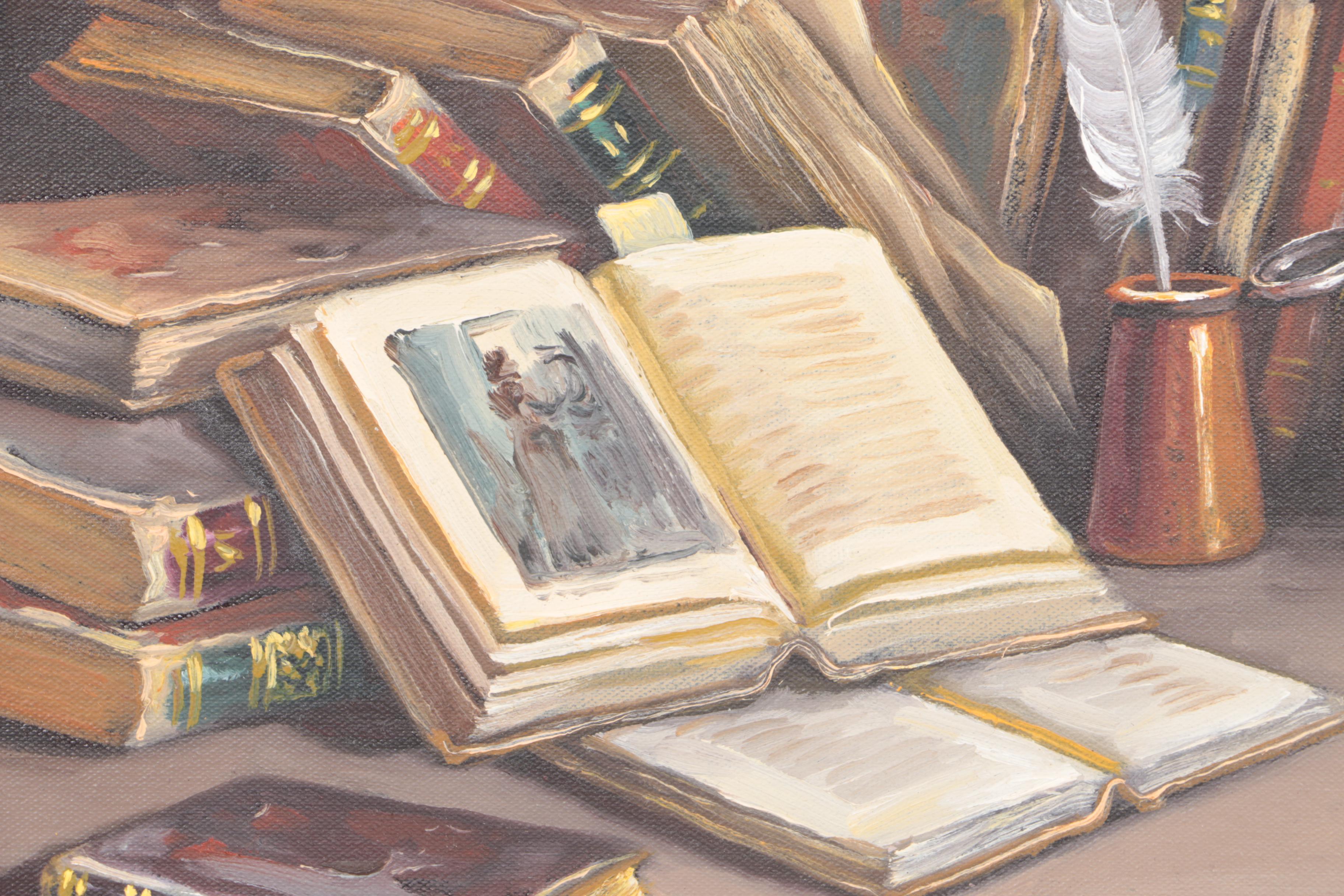 Jose Ripoll Oil on Canvas Still Life of Books