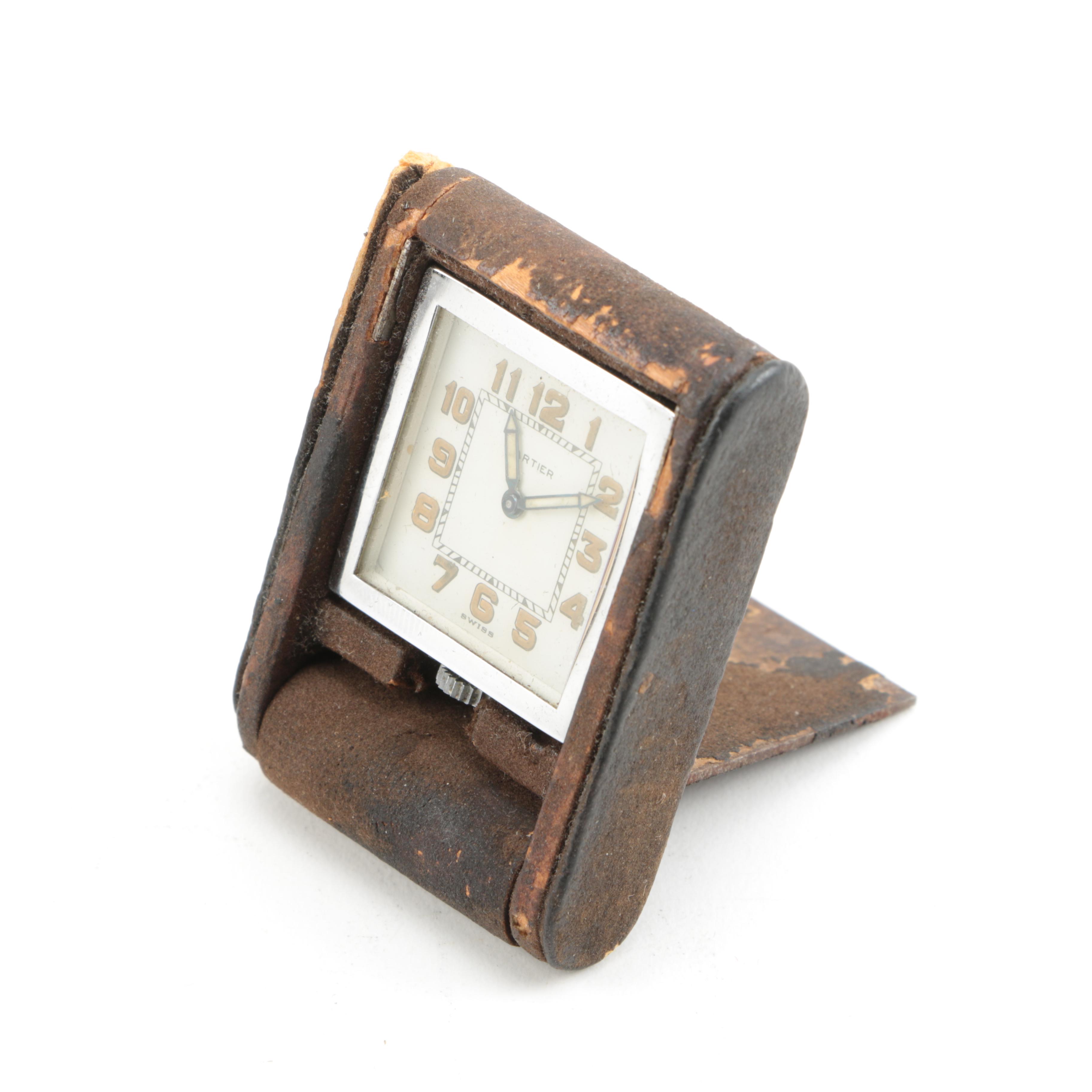 Vintage Cartier Leather-Bound Folding Desk Clock