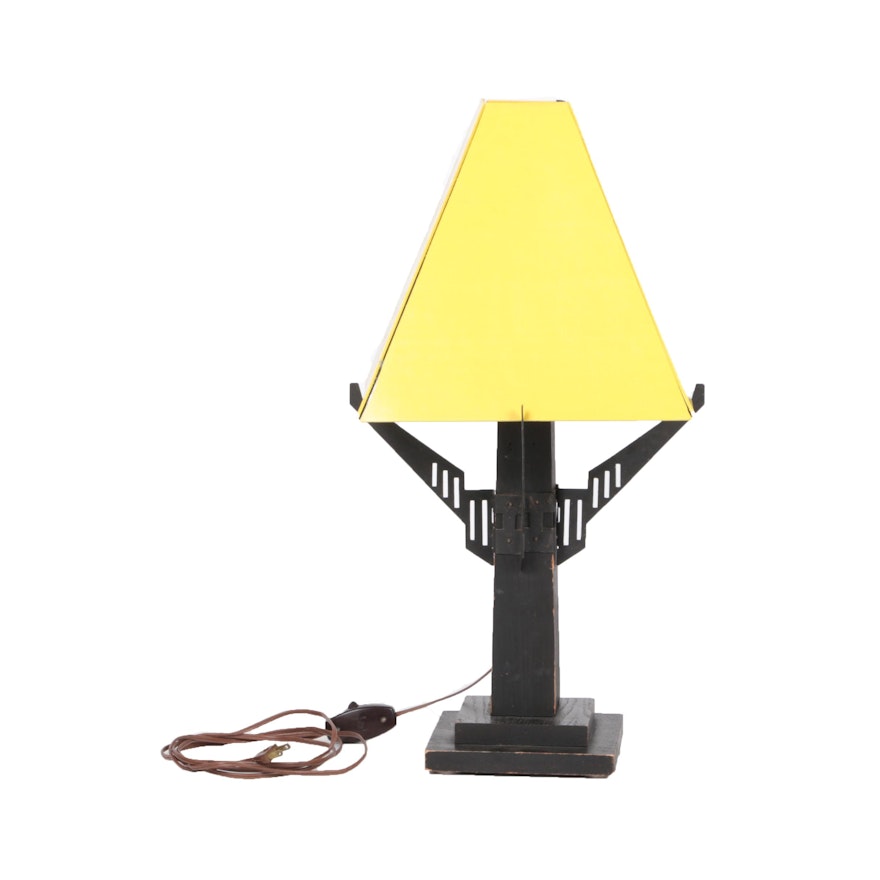 Wooden Table Lamp with Yellow Pyramid Lampshade
