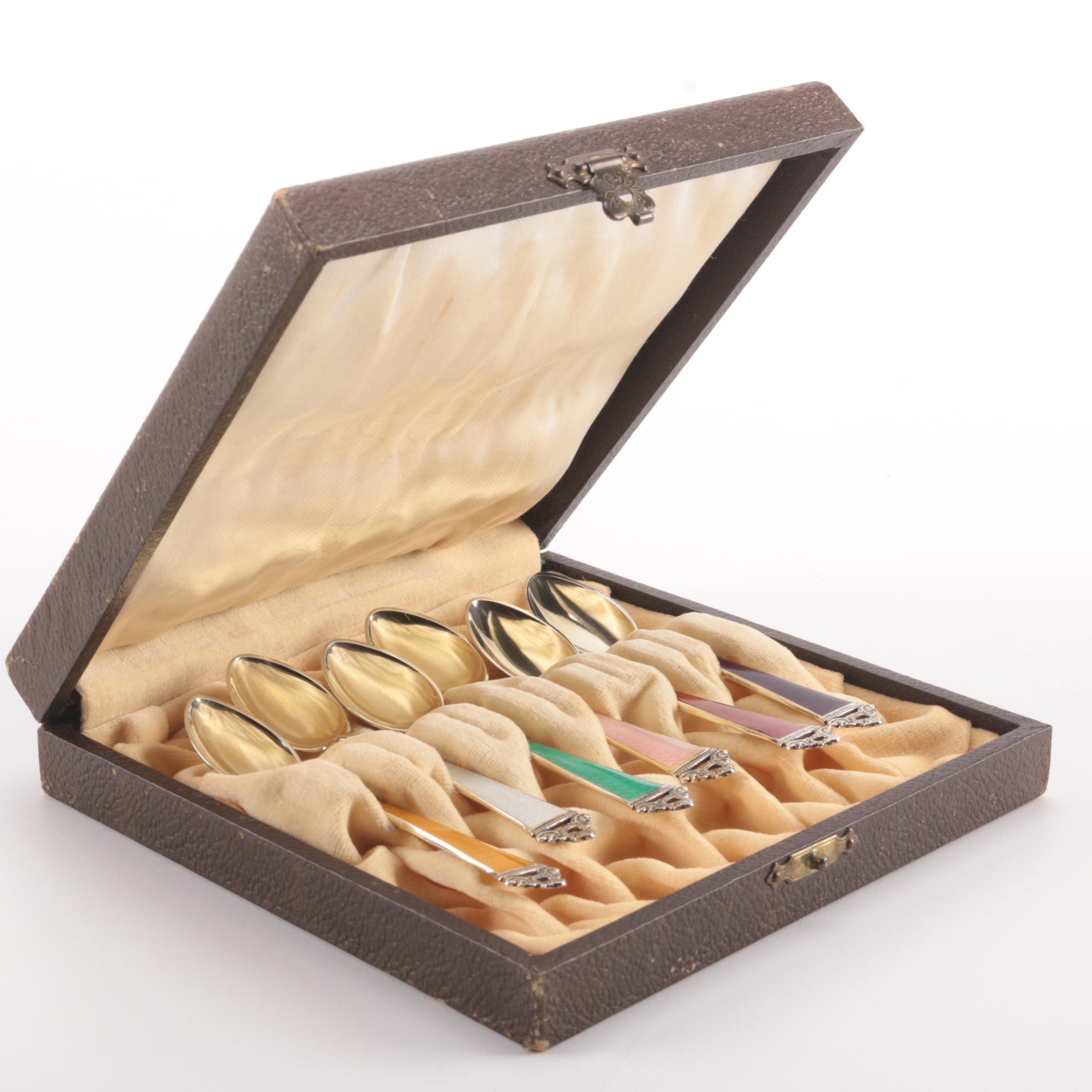 Six Sterling Silver Spoons With Guilloché Enameled Handles