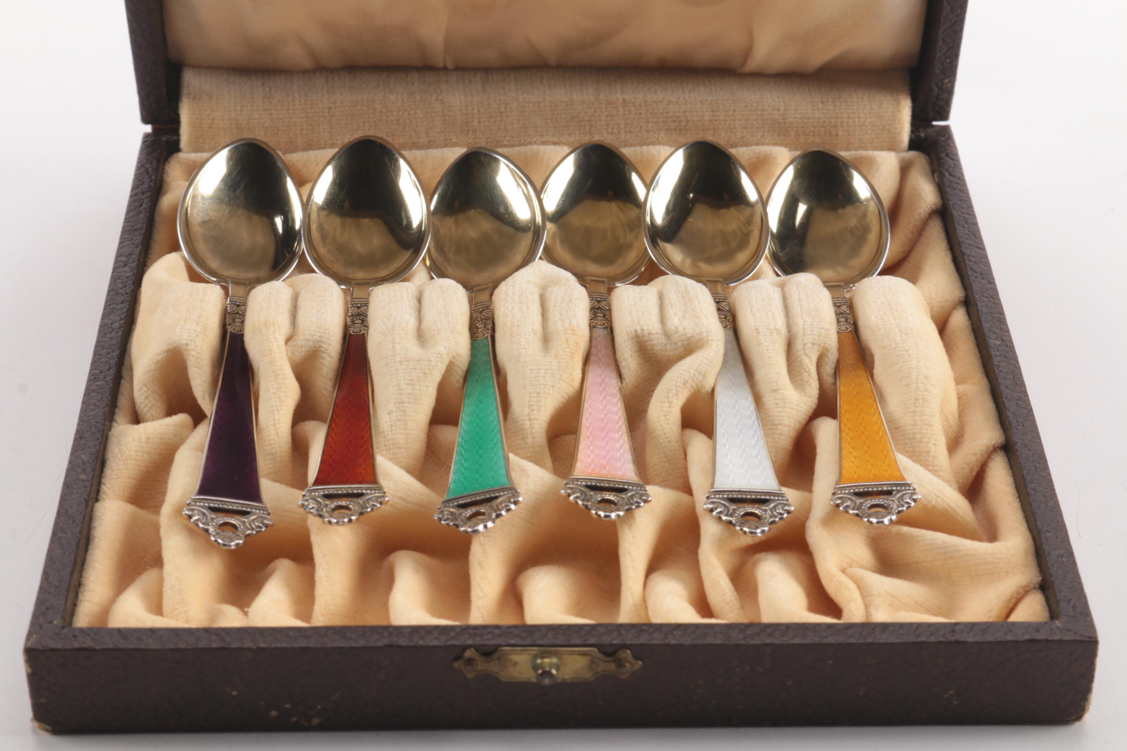 Six Sterling Silver Spoons With Guilloché Enameled Handles