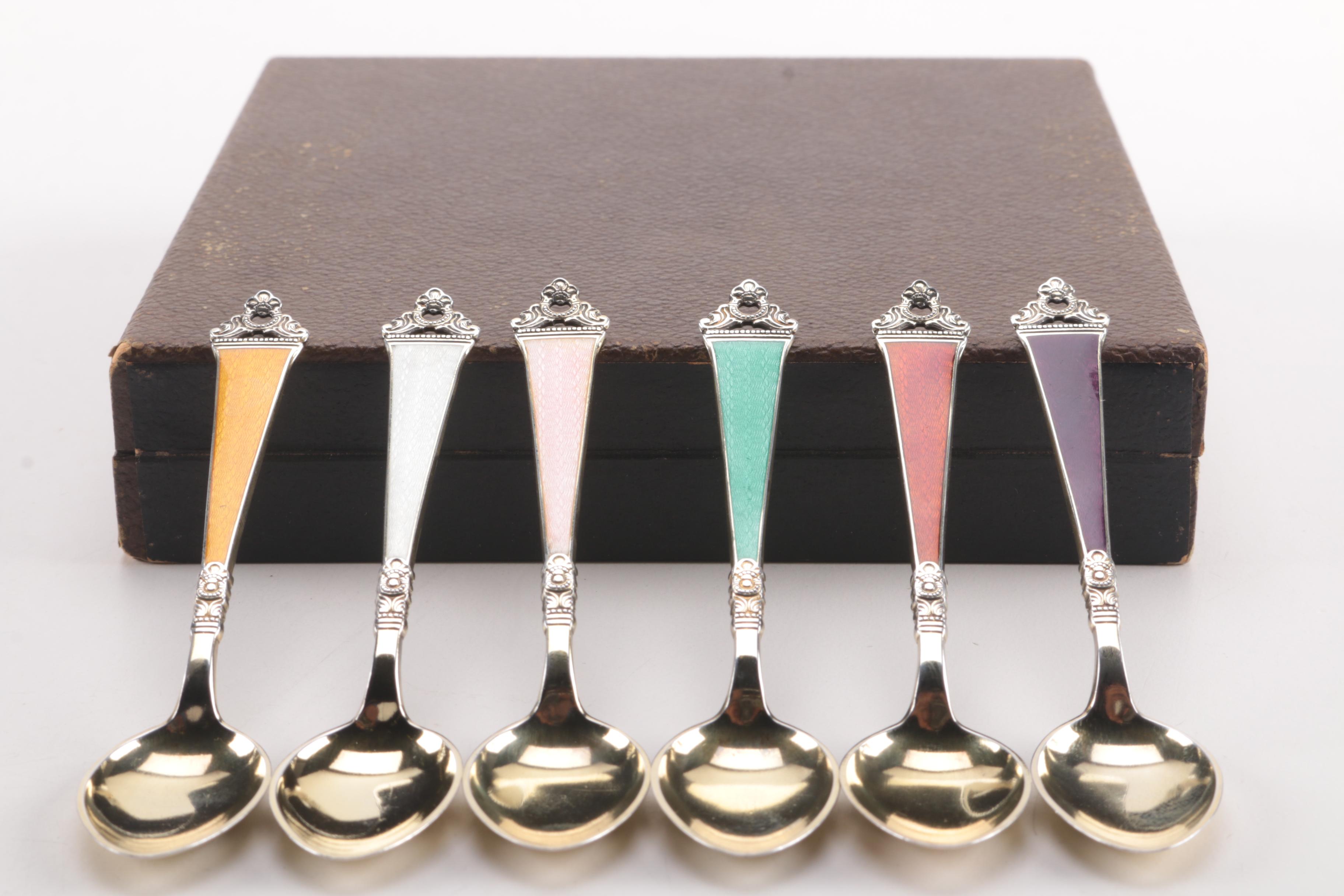 Six Sterling Silver Spoons With Guilloché Enameled Handles