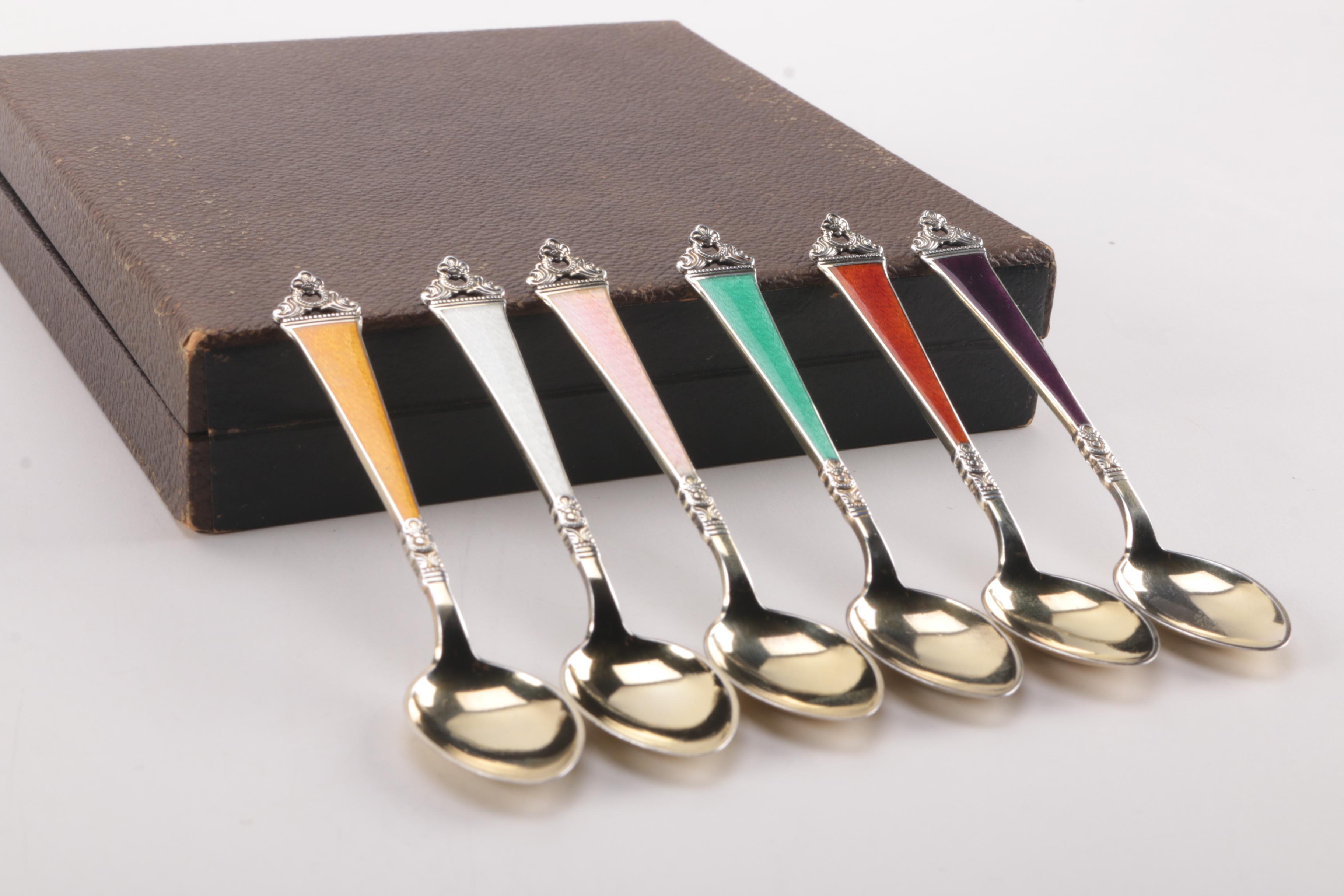 Six Sterling Silver Spoons With Guilloché Enameled Handles