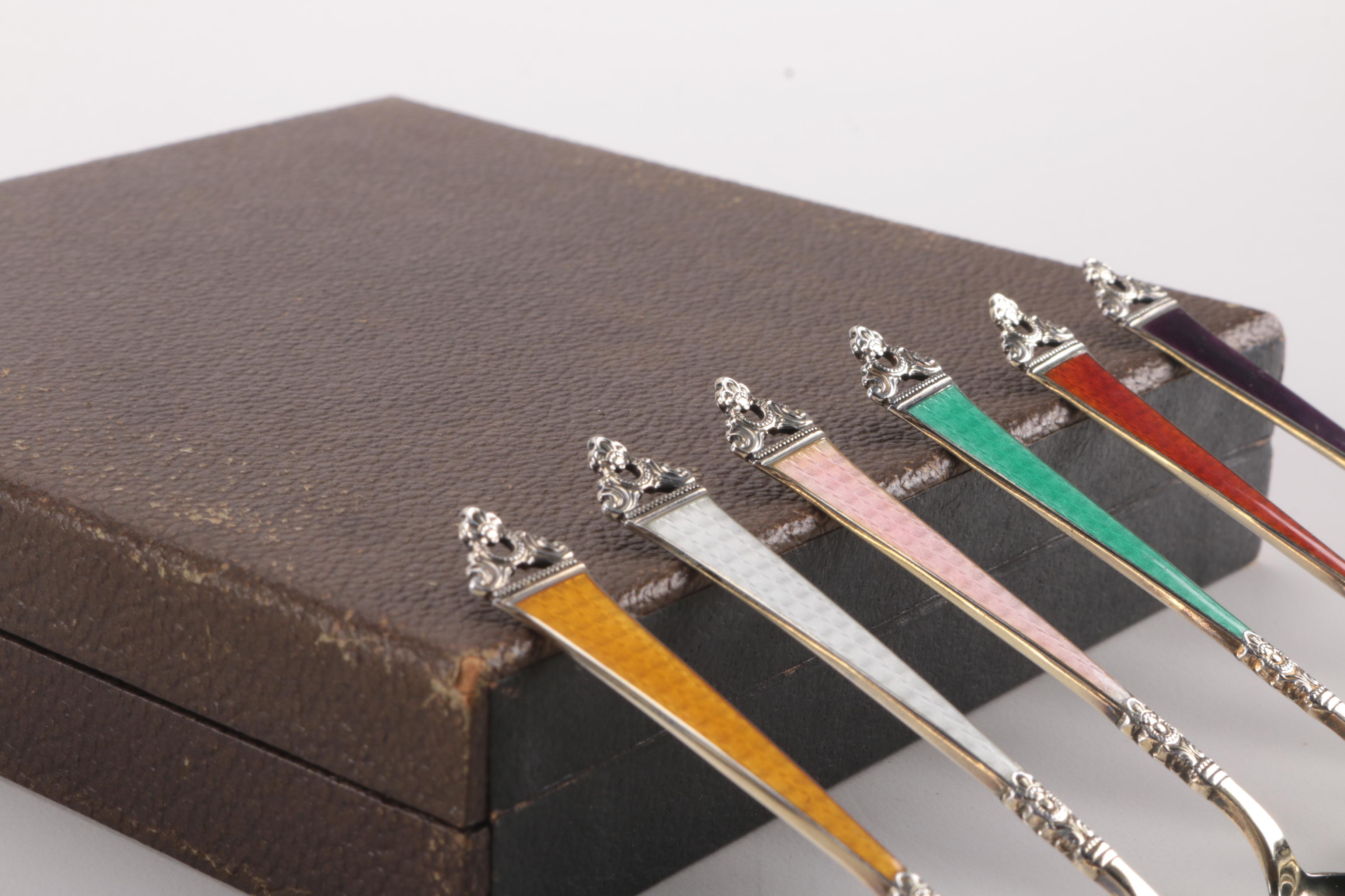 Six Sterling Silver Spoons With Guilloché Enameled Handles