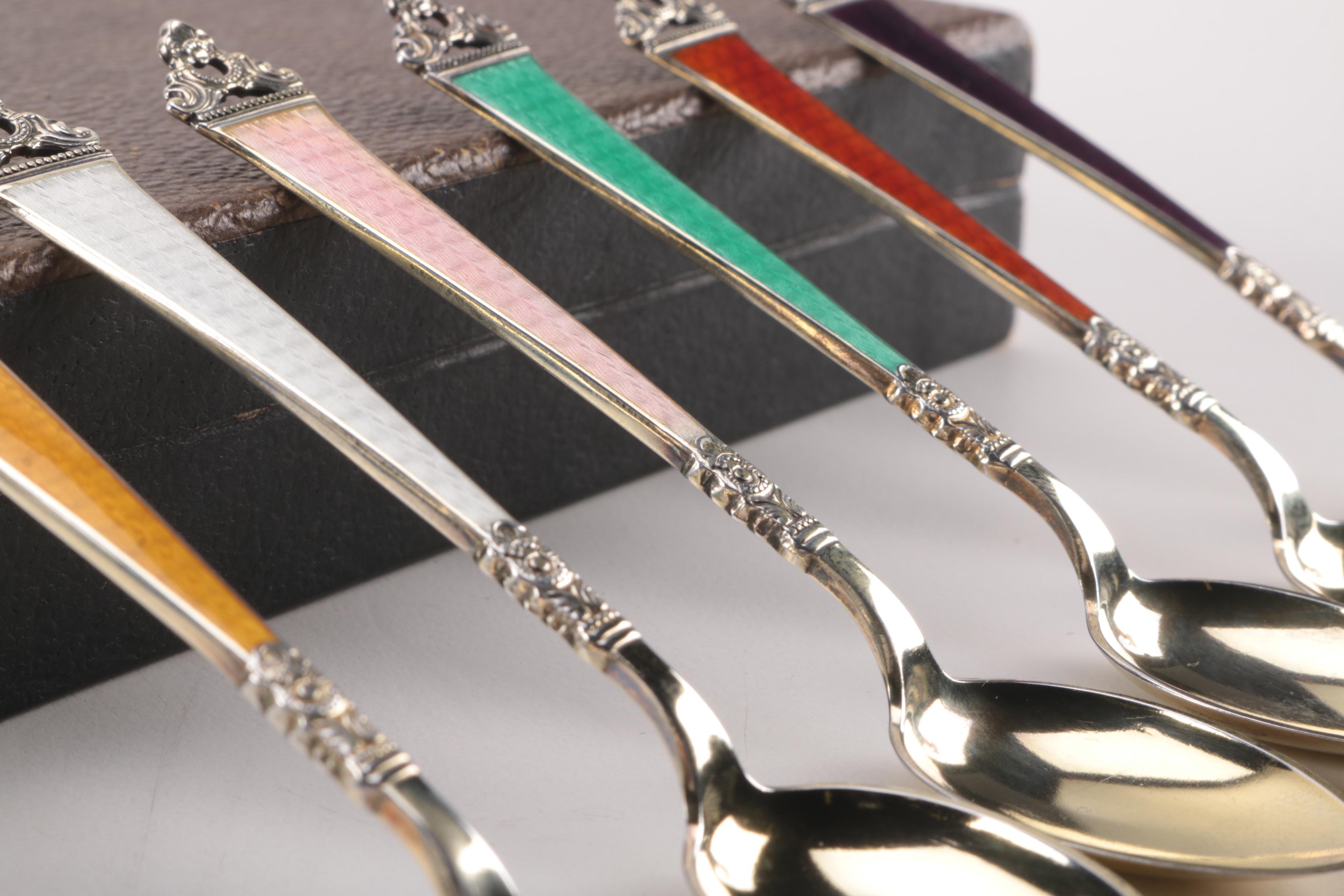 Six Sterling Silver Spoons With Guilloché Enameled Handles