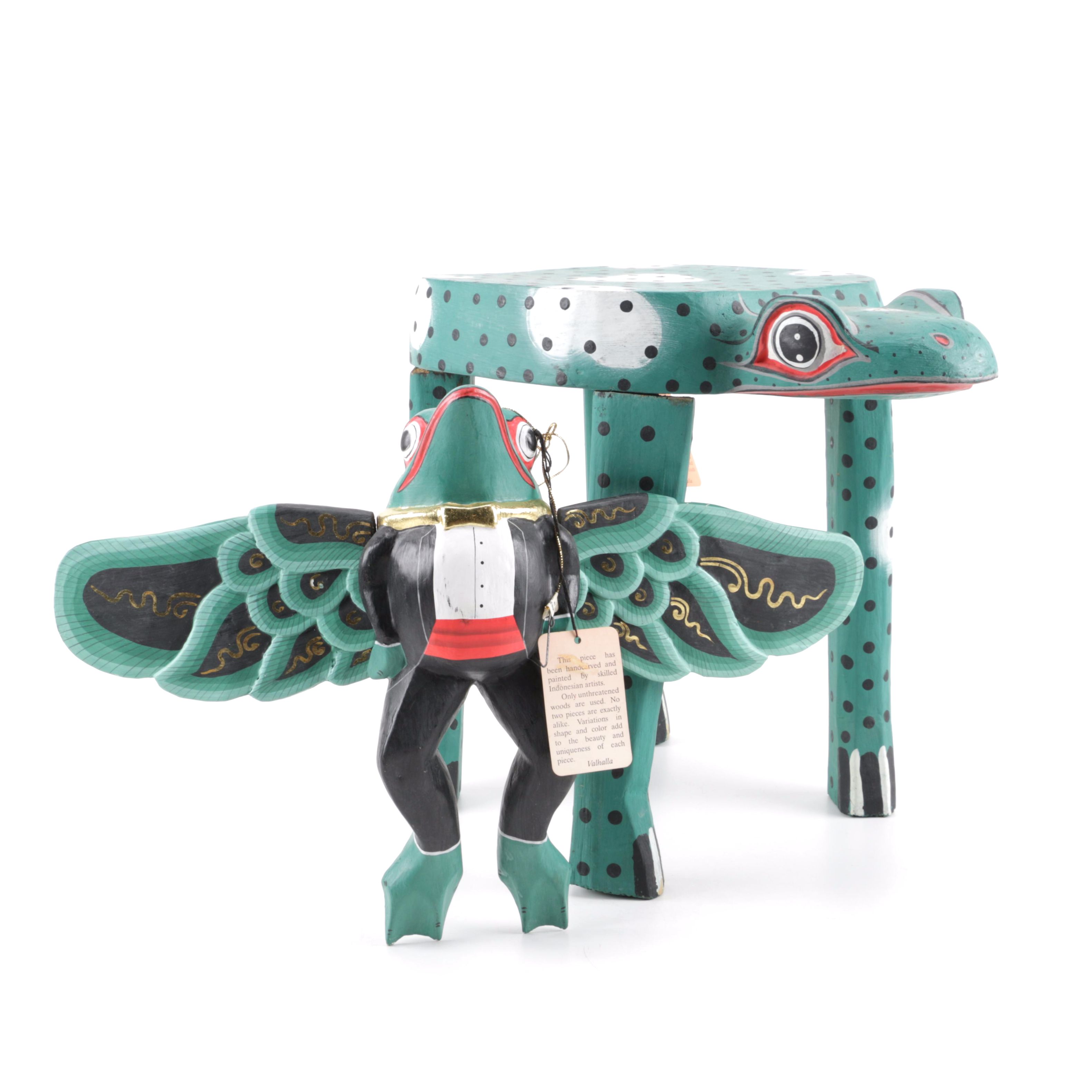 Indonesian Hand-Painted "Toad-Stool" with Winged Frog Figurine