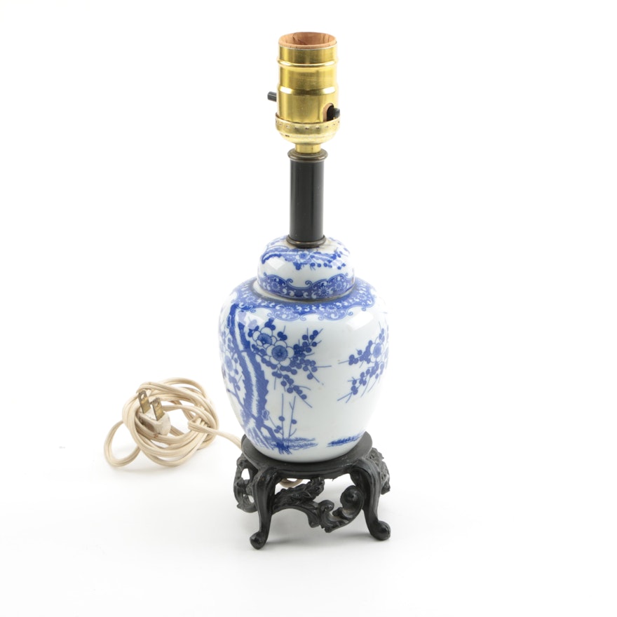 Blue and White Ginger Jar Table Lamp with Metal Stand