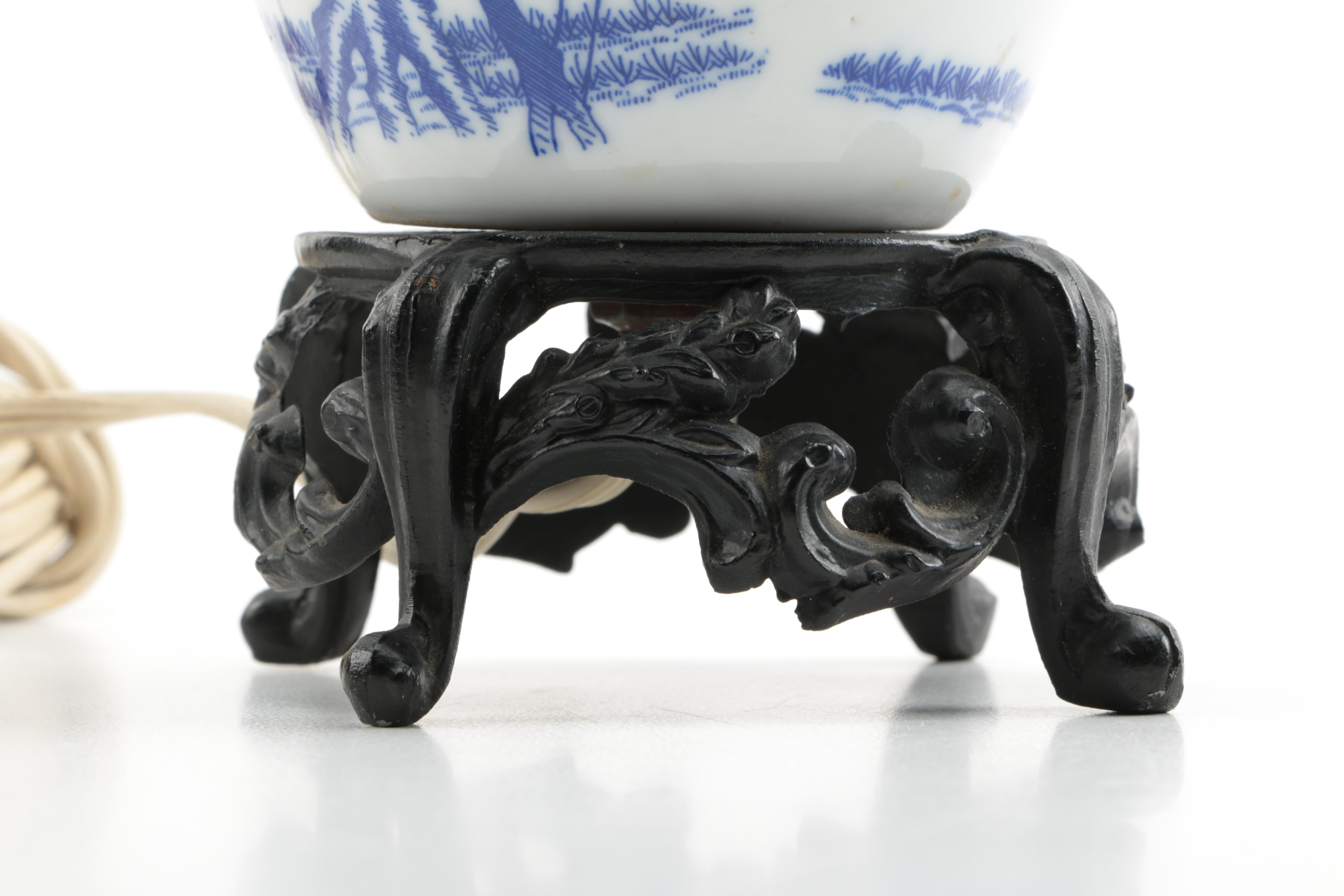 Blue and White Ginger Jar Table Lamp with Metal Stand