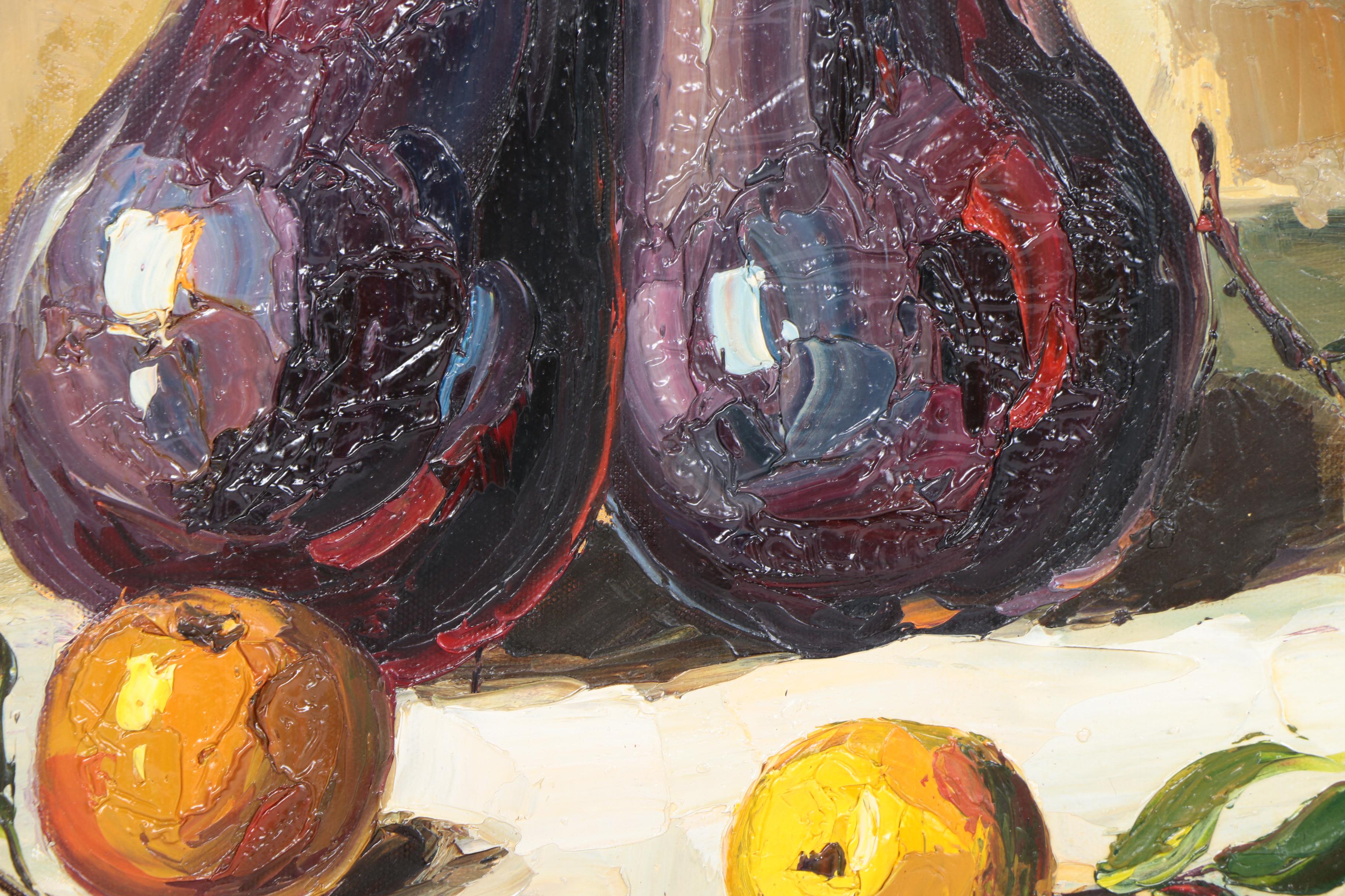 Oil Still Life on Canvas "Eggplants Together"