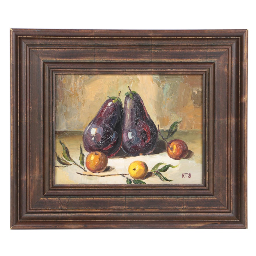 Oil Still Life on Canvas "Eggplants Together"