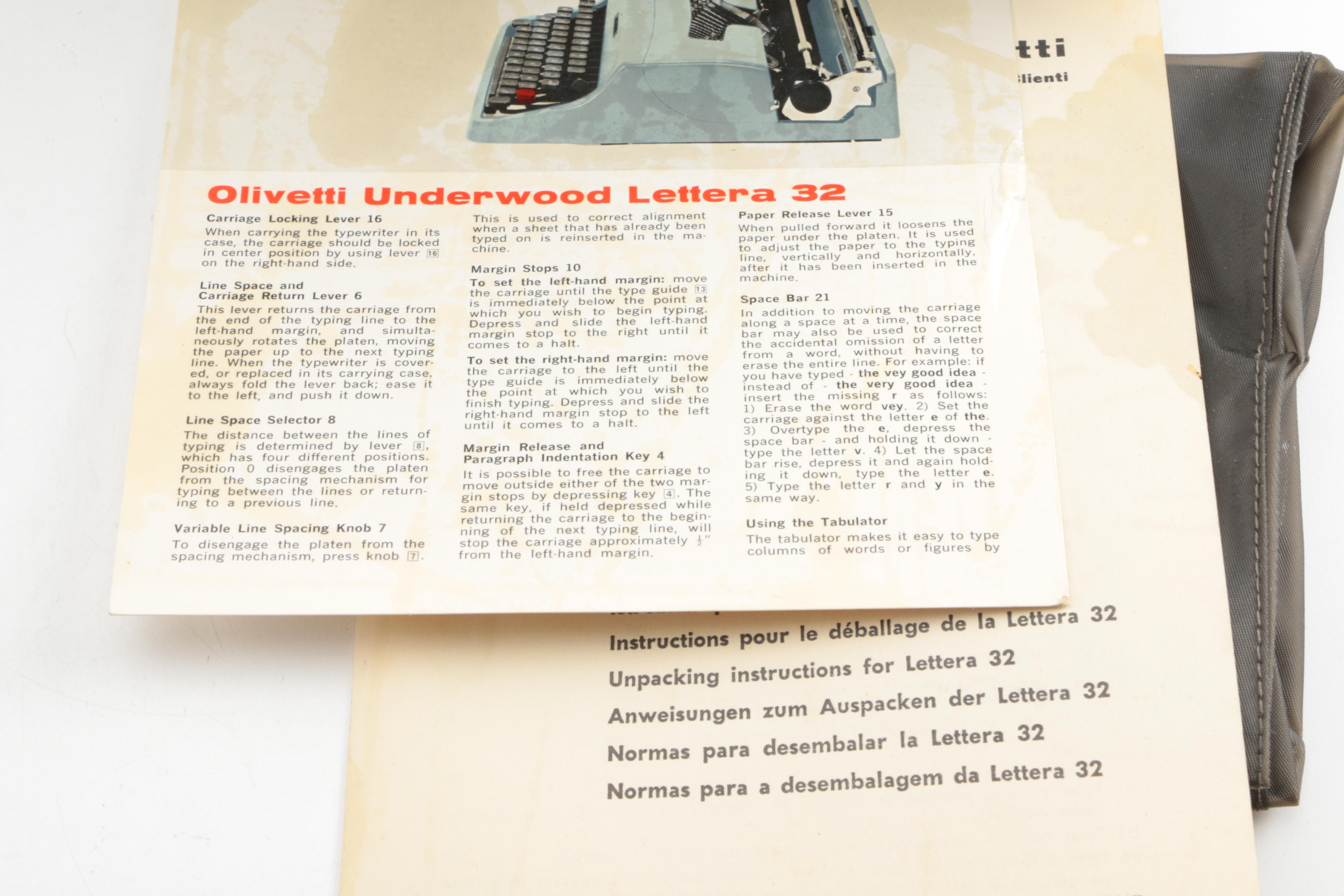 Olivetti Underwood "Lettera 32" Typewriter with Case and Manual