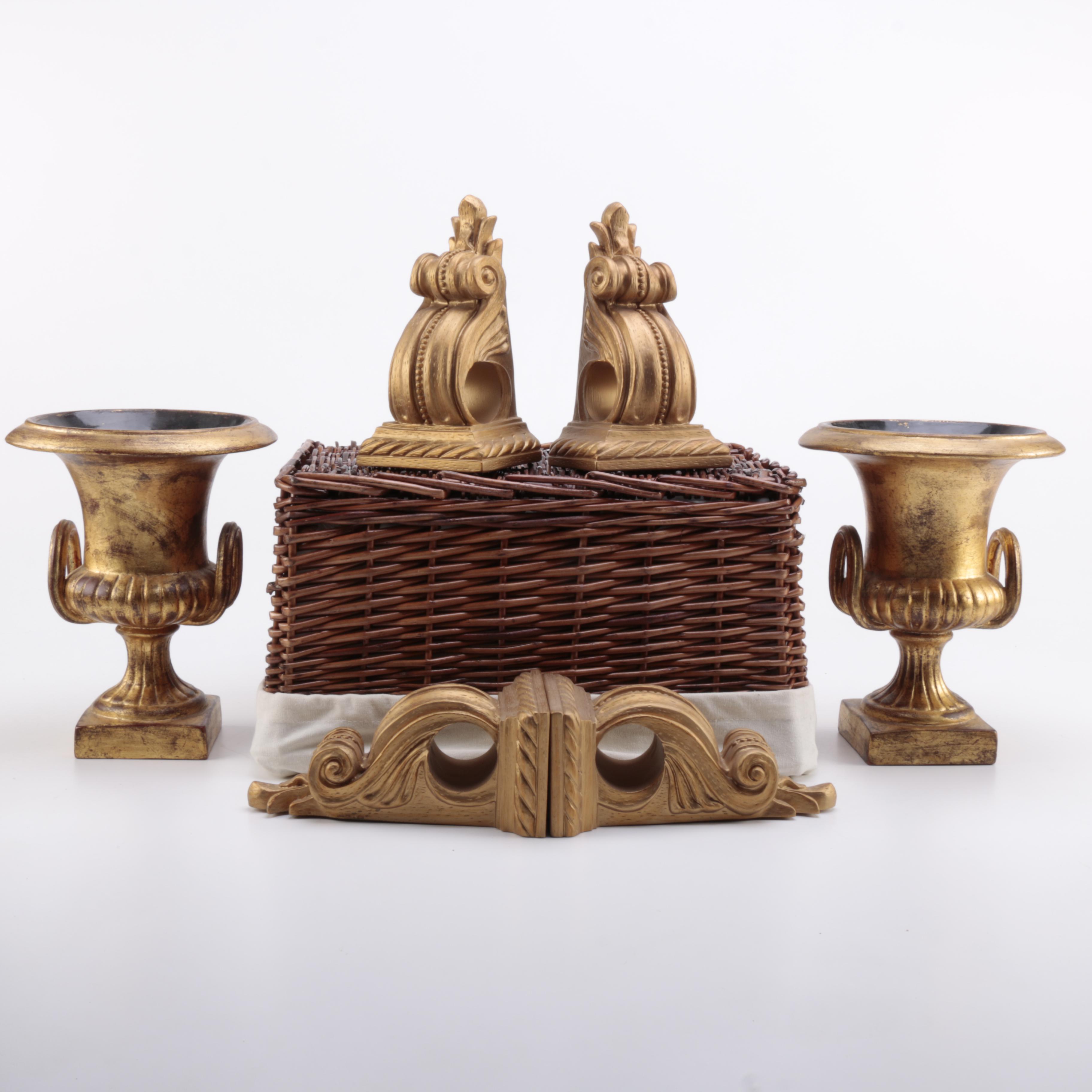 Gold Tone Curtain Rod Holders and Urn Vases