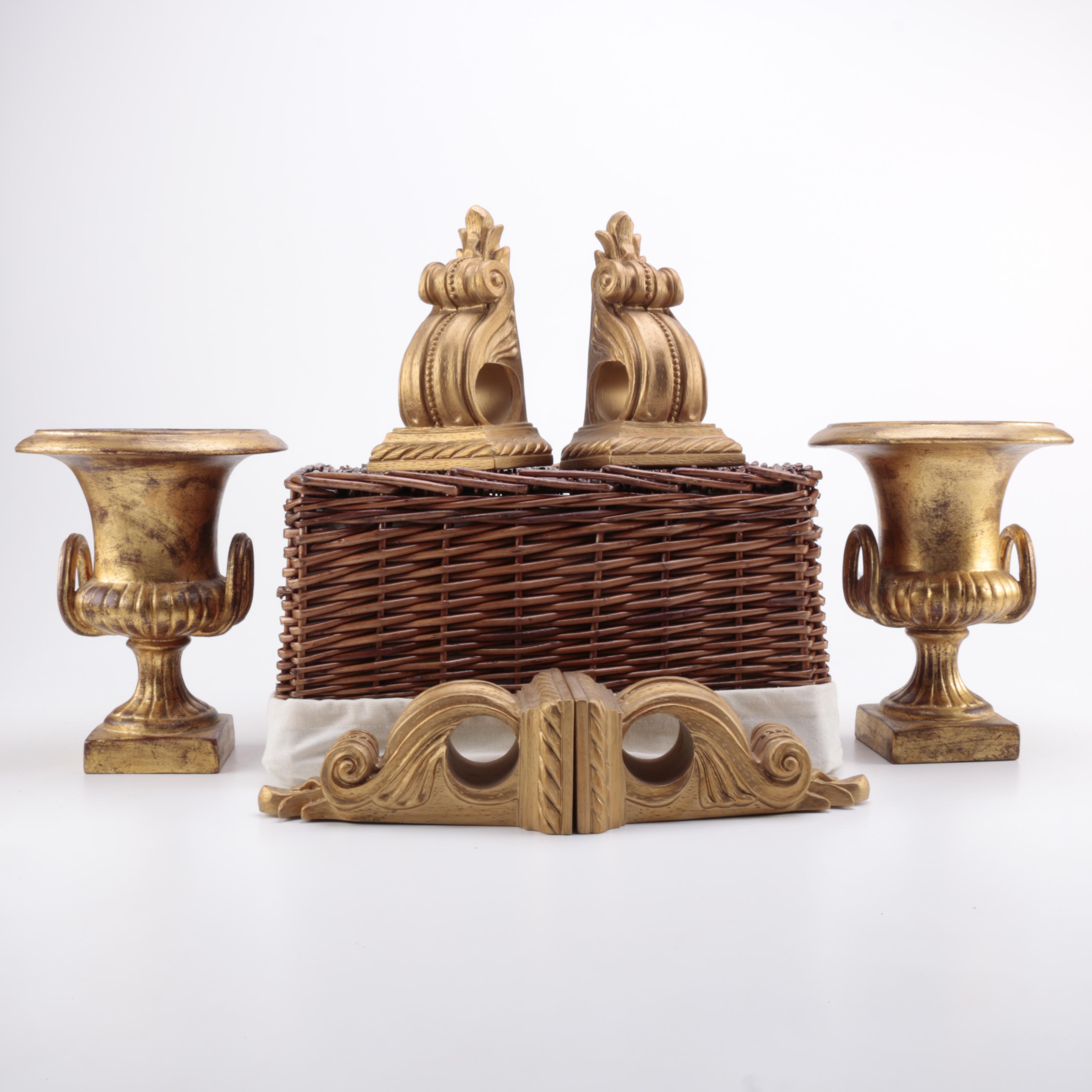 Gold Tone Curtain Rod Holders and Urn Vases