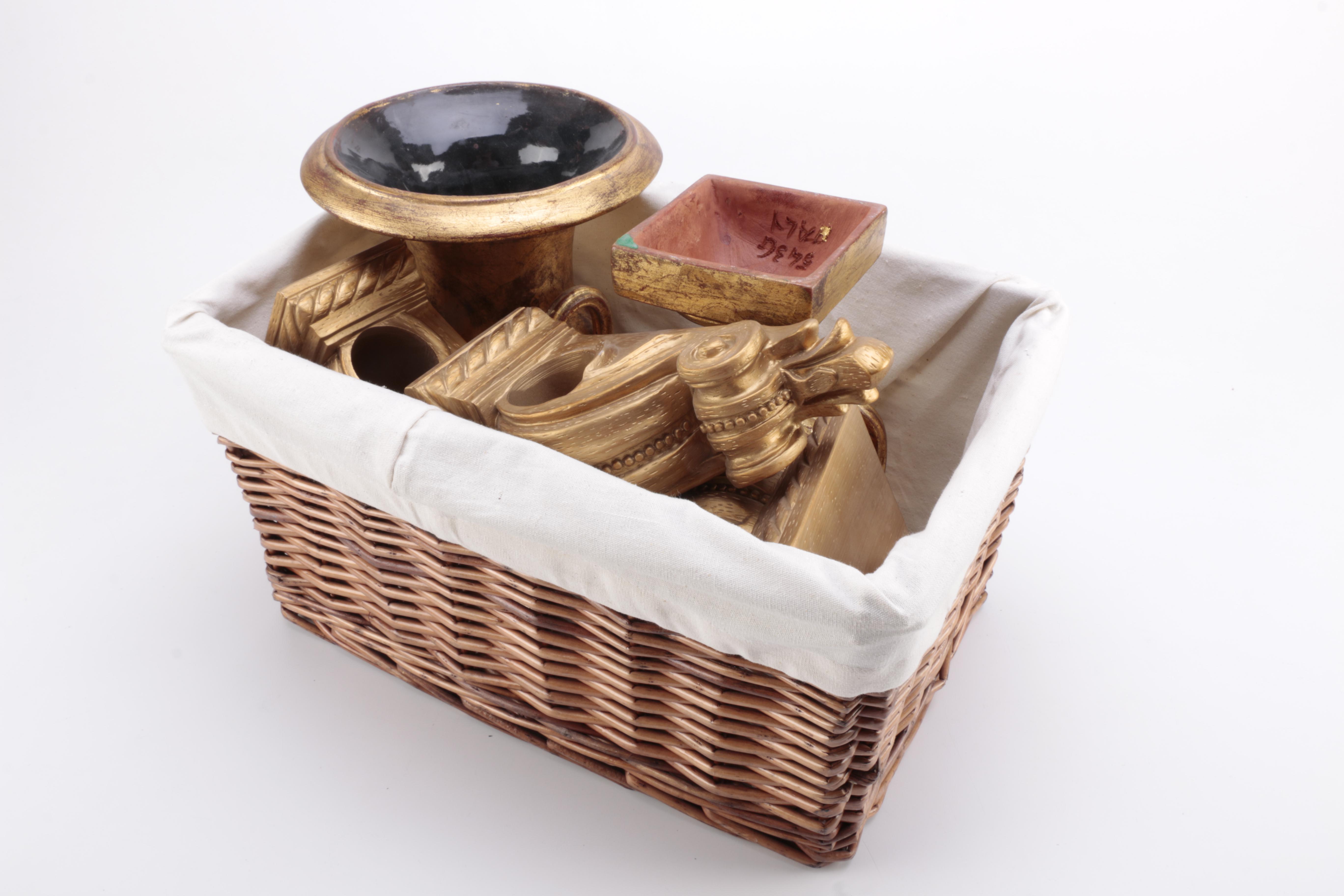 Gold Tone Curtain Rod Holders and Urn Vases