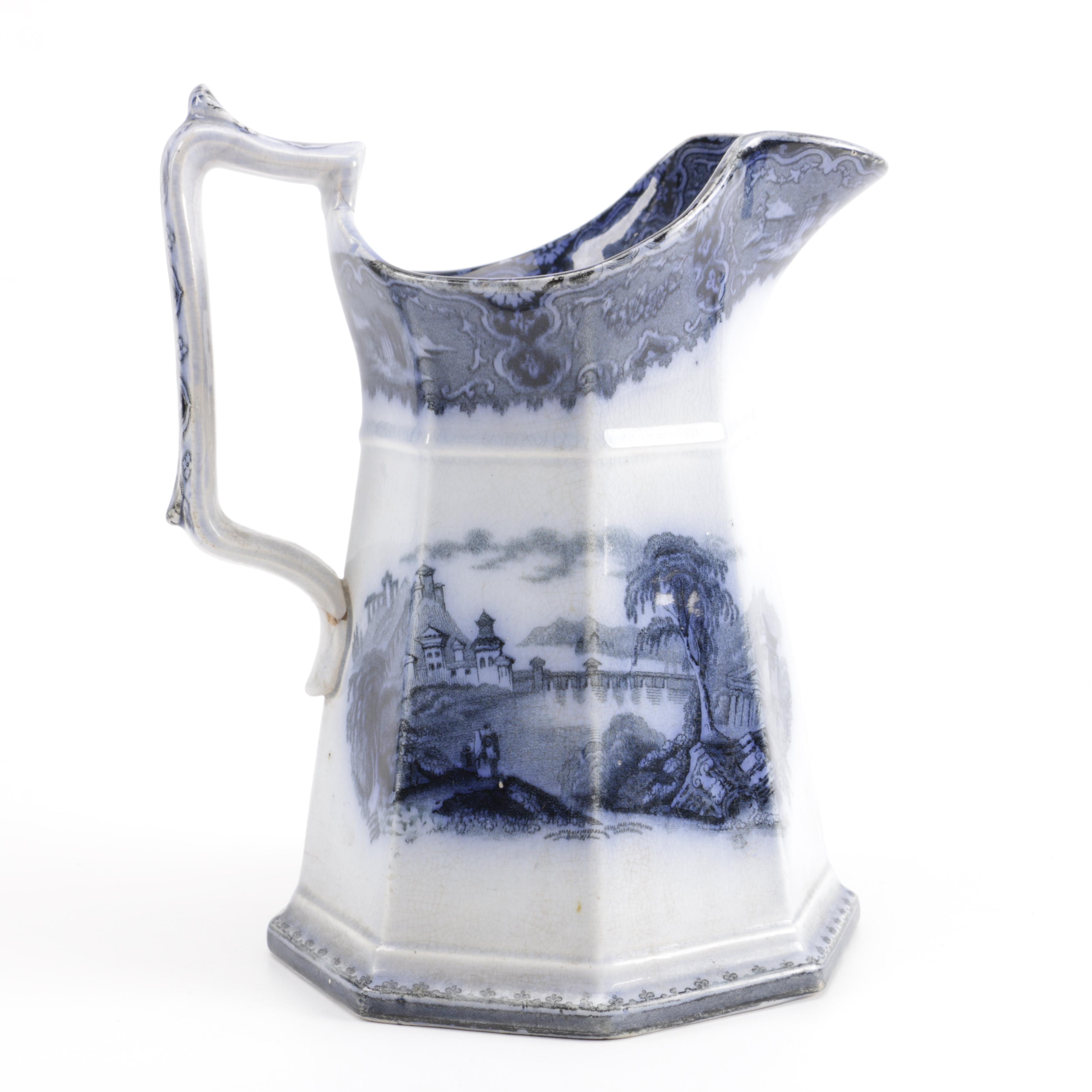 Antique John Alcock "Vincennes" Flow Blue Pitcher