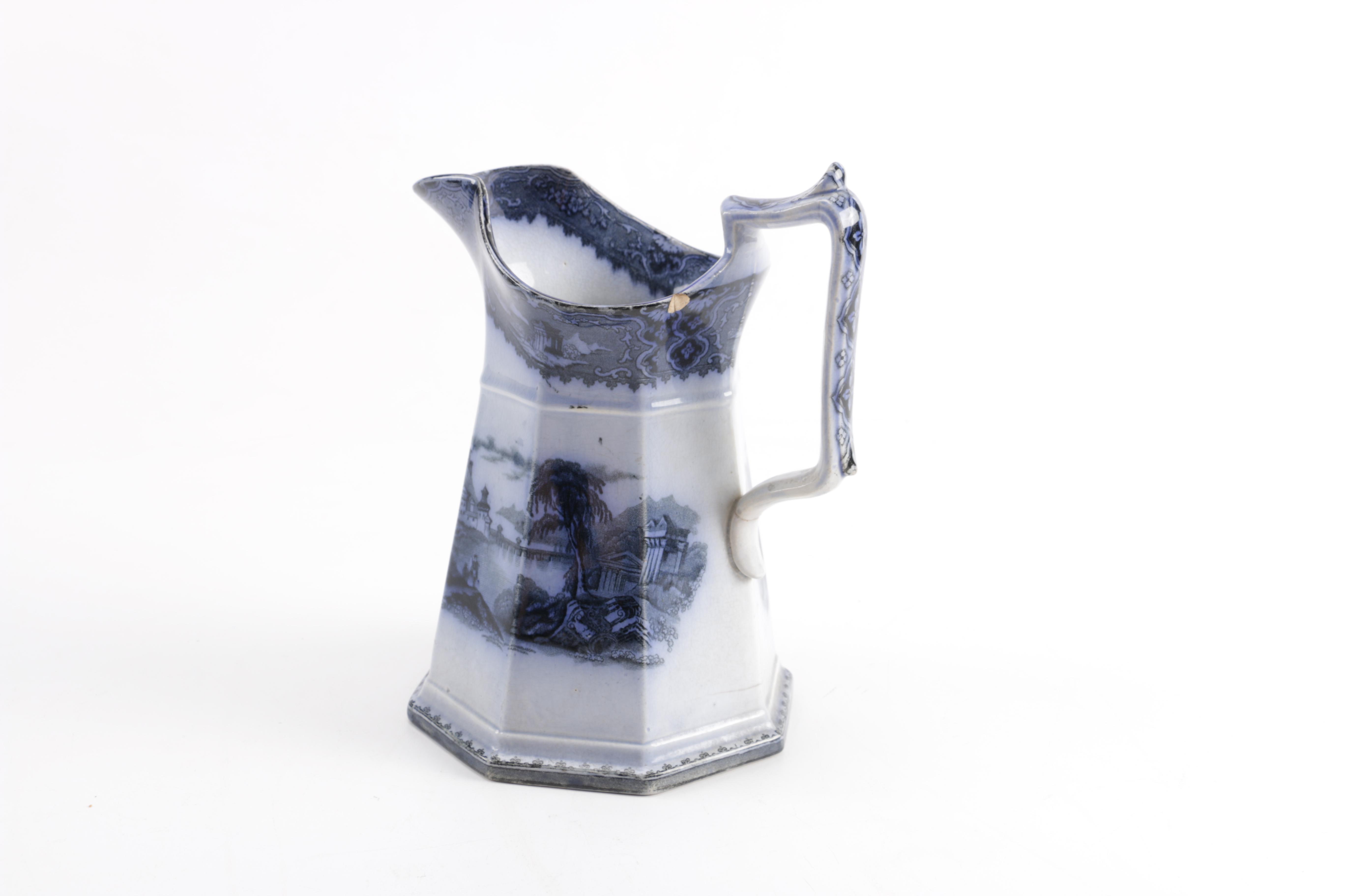 Antique John Alcock "Vincennes" Flow Blue Pitcher