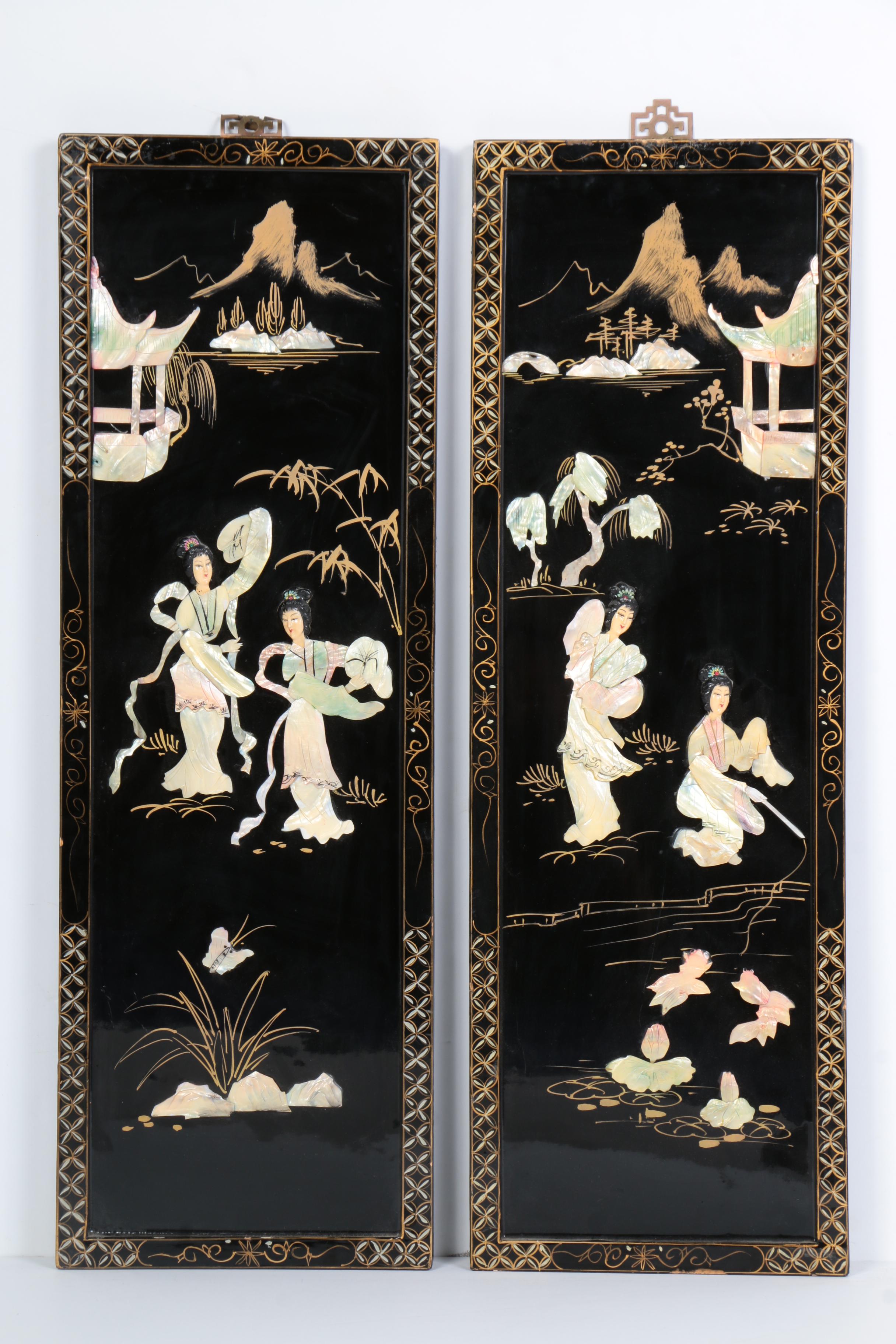 Four Mixed Media Chinese Wall Panels with Abalone Accents