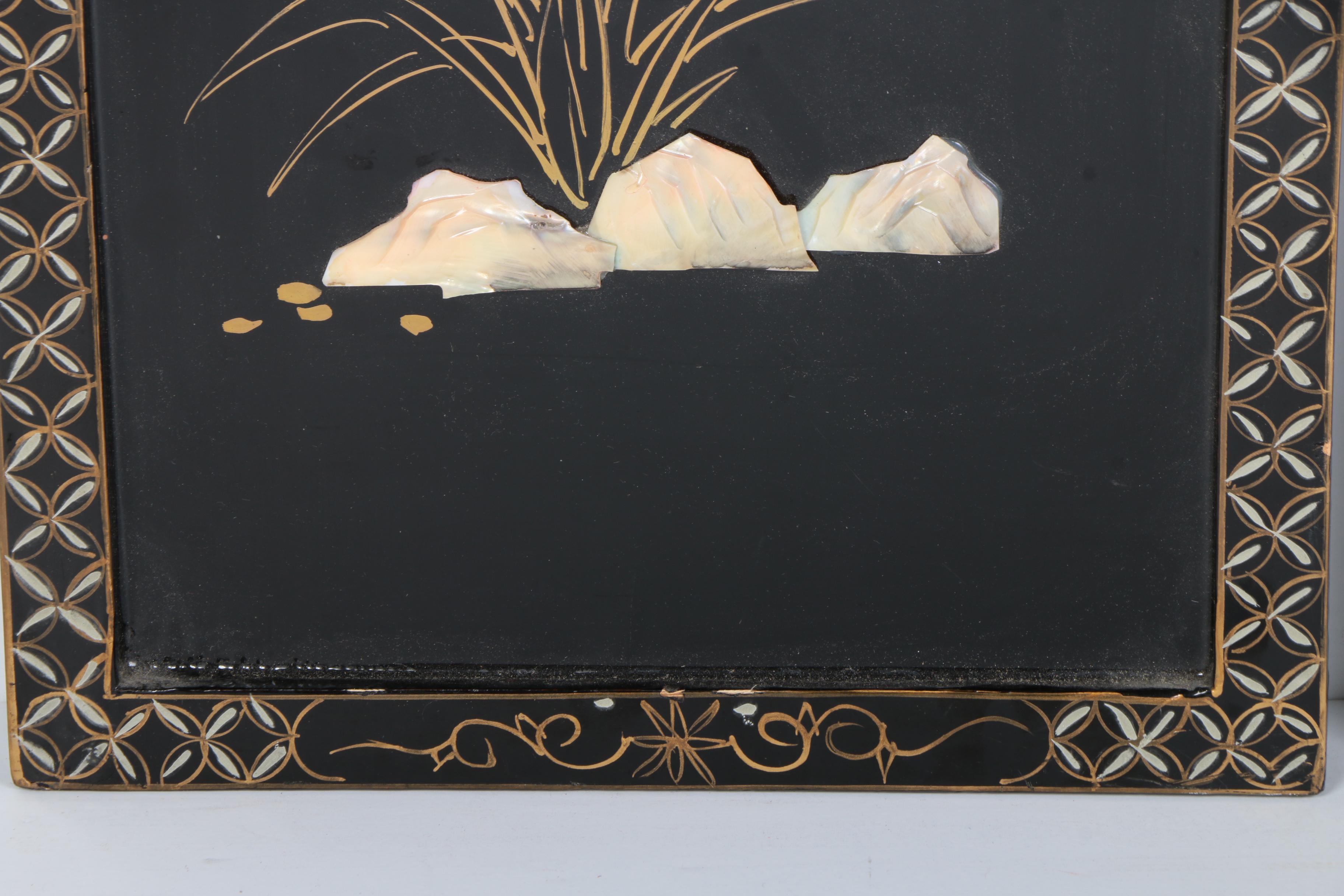 Four Mixed Media Chinese Wall Panels with Abalone Accents