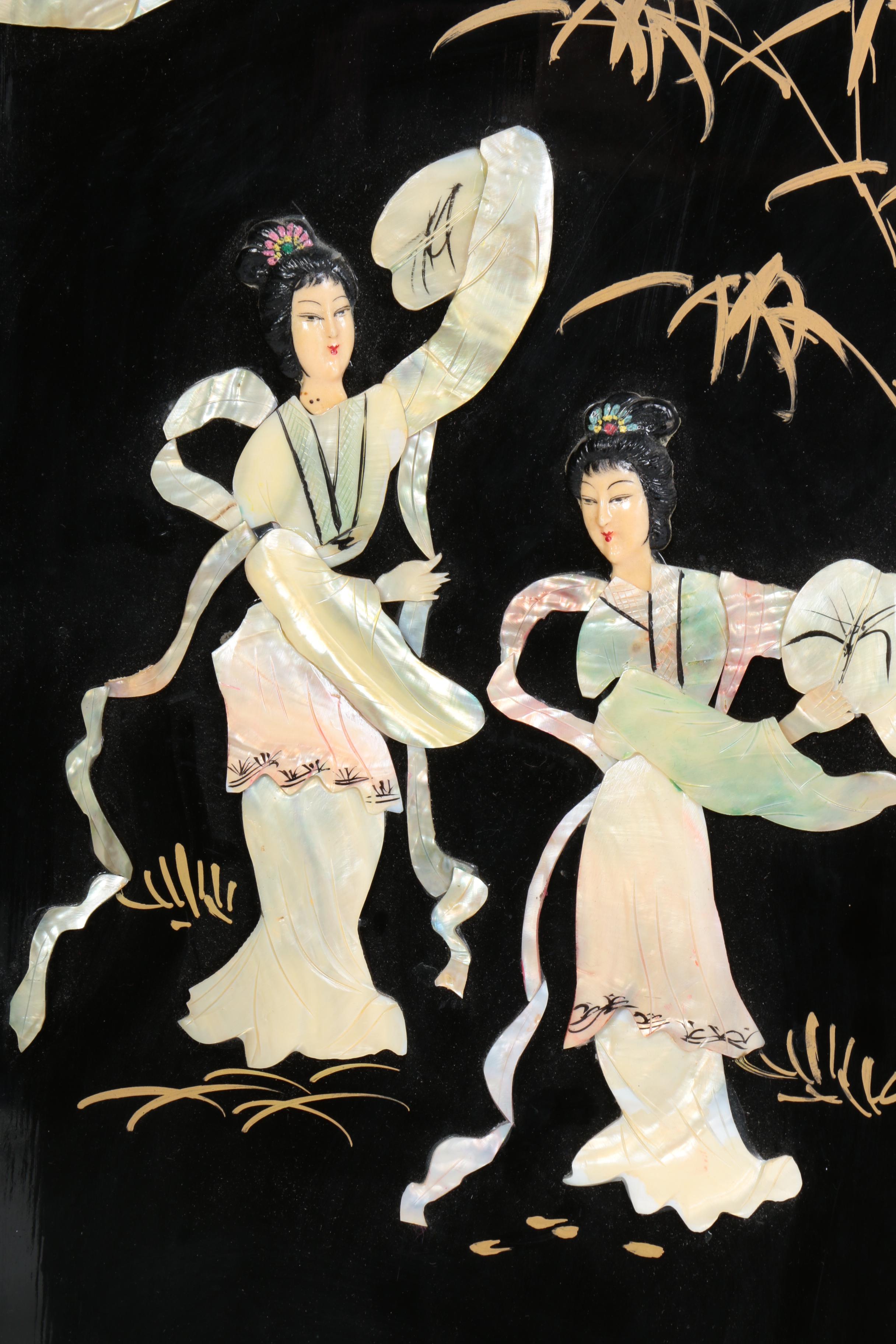 Four Mixed Media Chinese Wall Panels with Abalone Accents