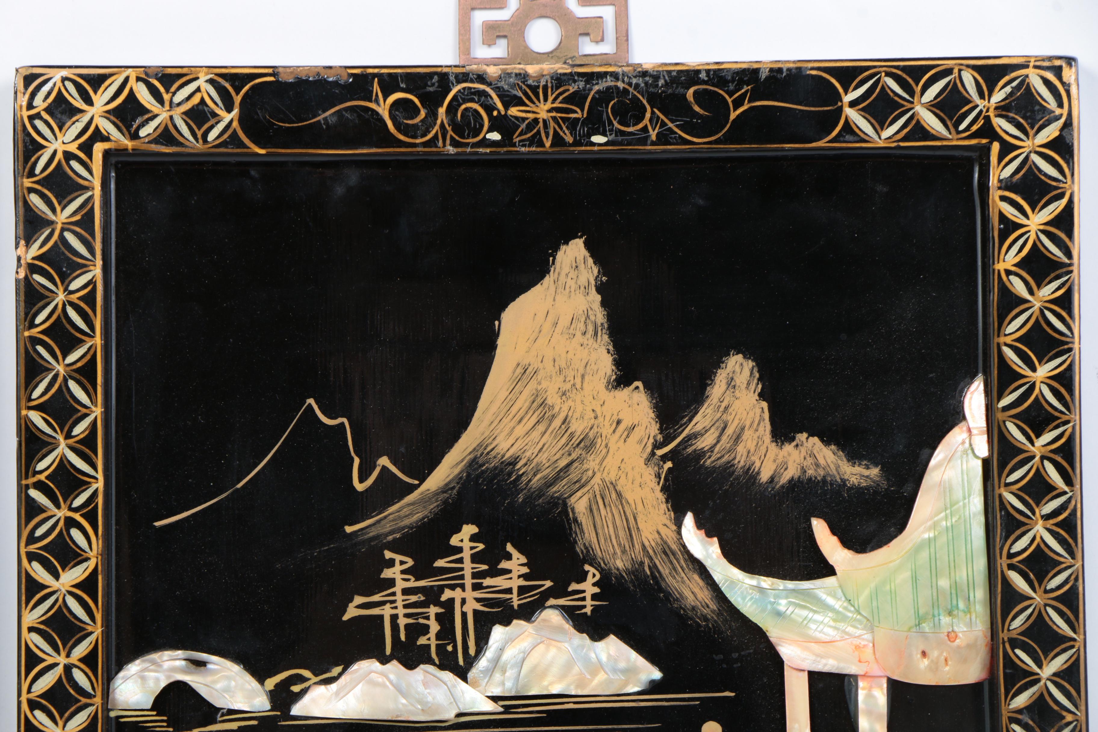 Four Mixed Media Chinese Wall Panels with Abalone Accents