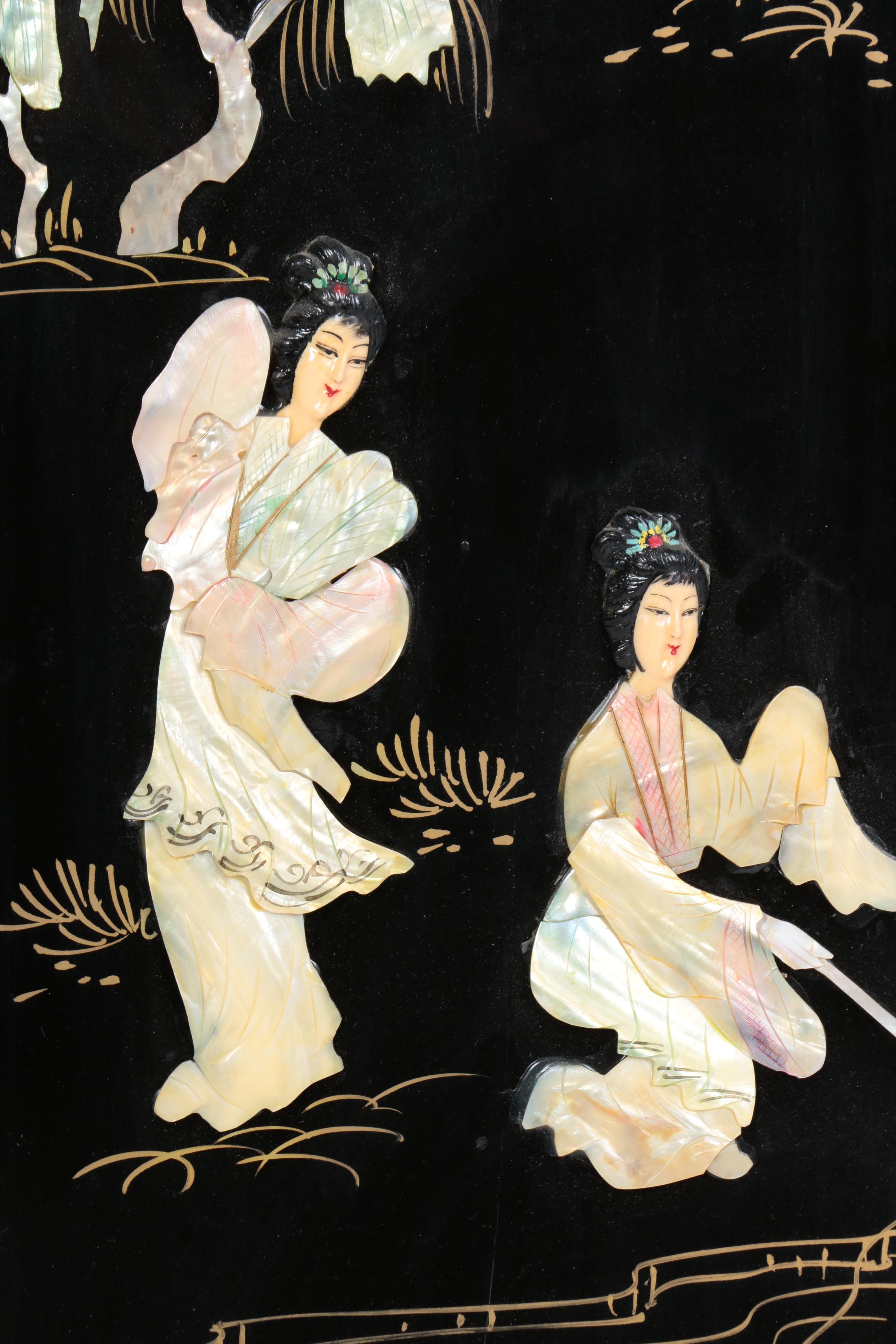 Four Mixed Media Chinese Wall Panels with Abalone Accents