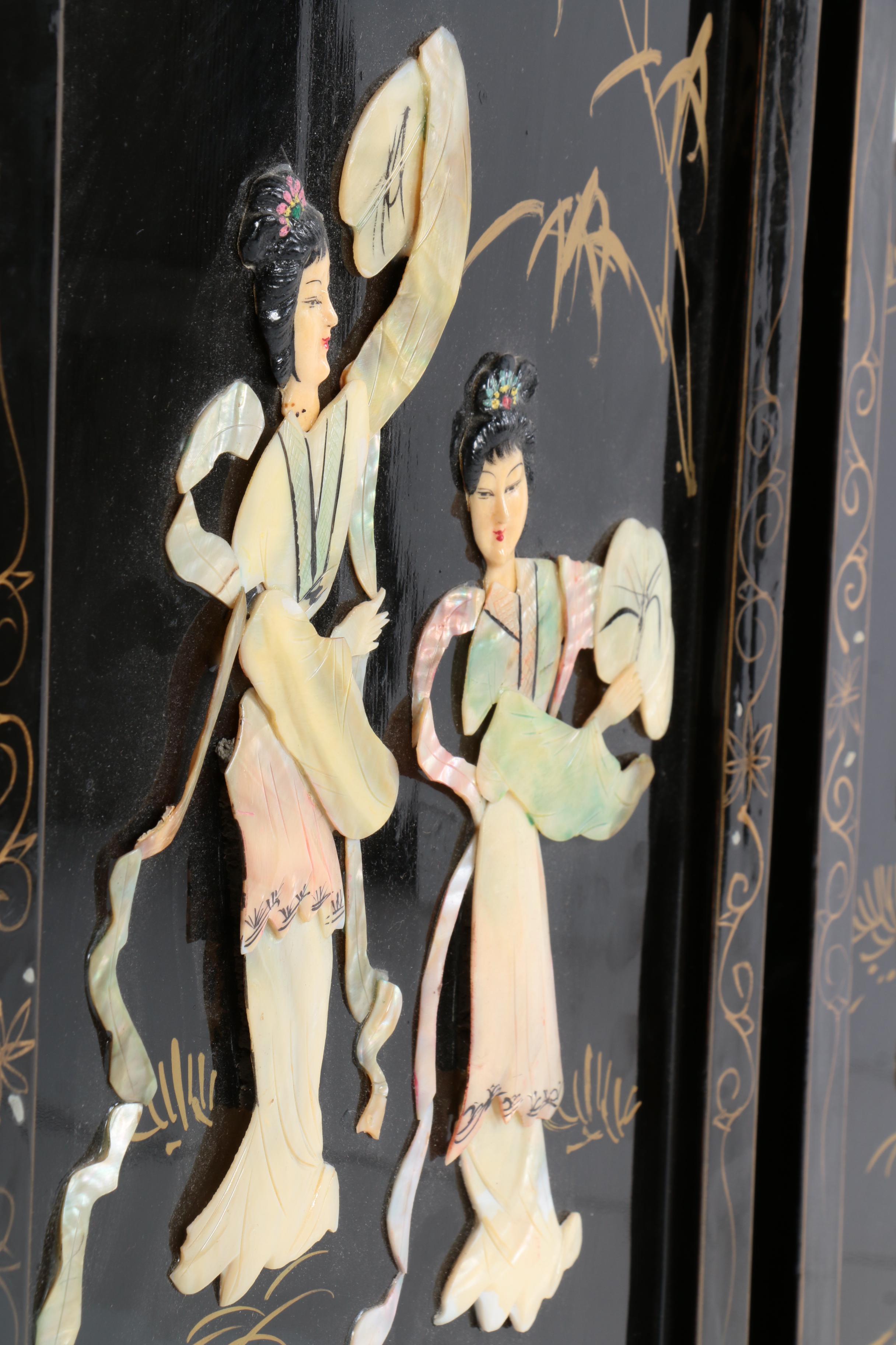 Four Mixed Media Chinese Wall Panels with Abalone Accents