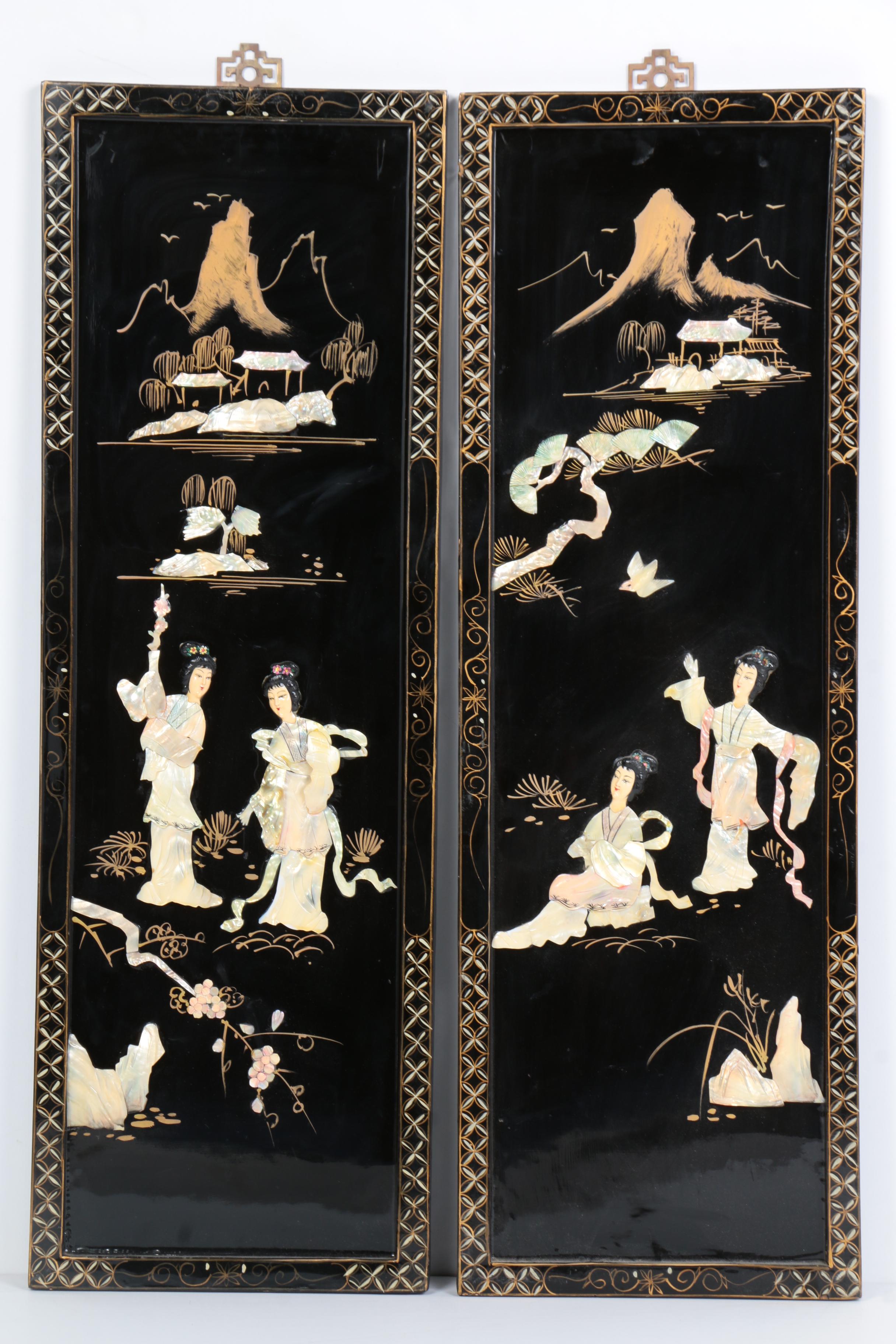 Four Mixed Media Chinese Wall Panels with Abalone Accents