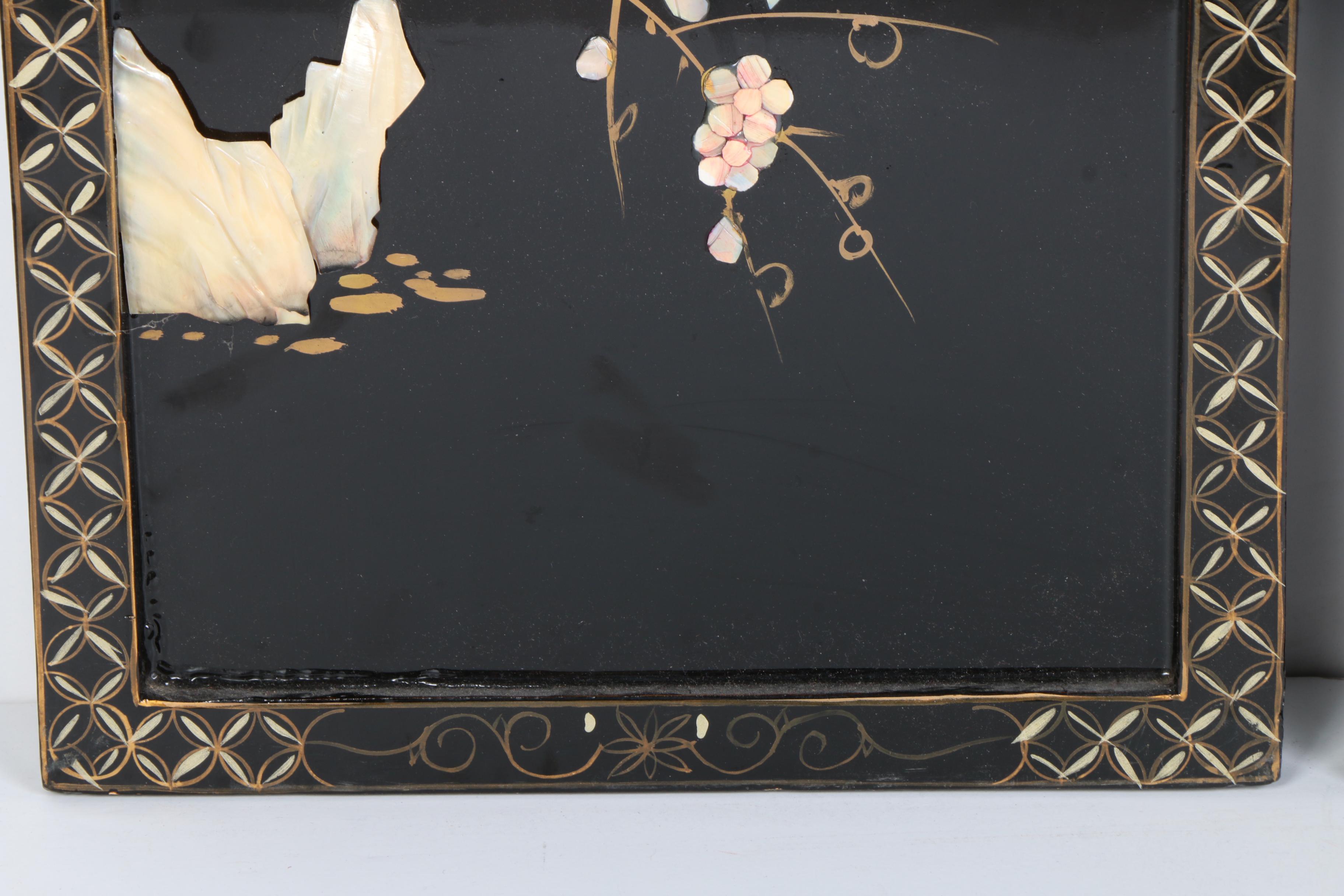 Four Mixed Media Chinese Wall Panels with Abalone Accents