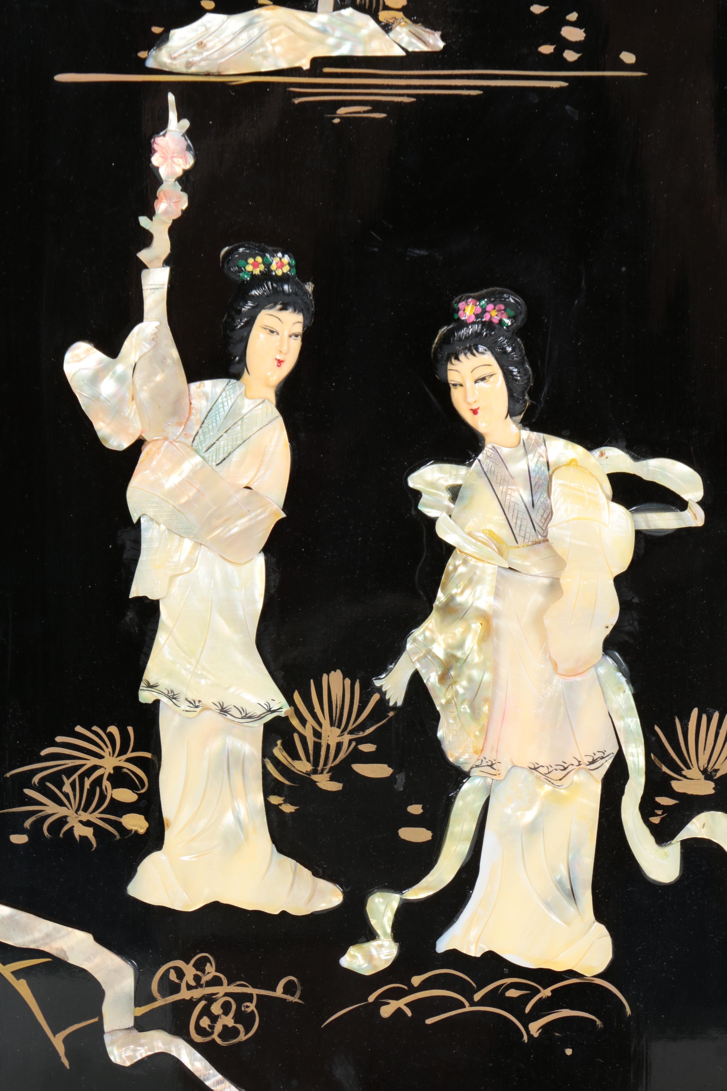 Four Mixed Media Chinese Wall Panels with Abalone Accents