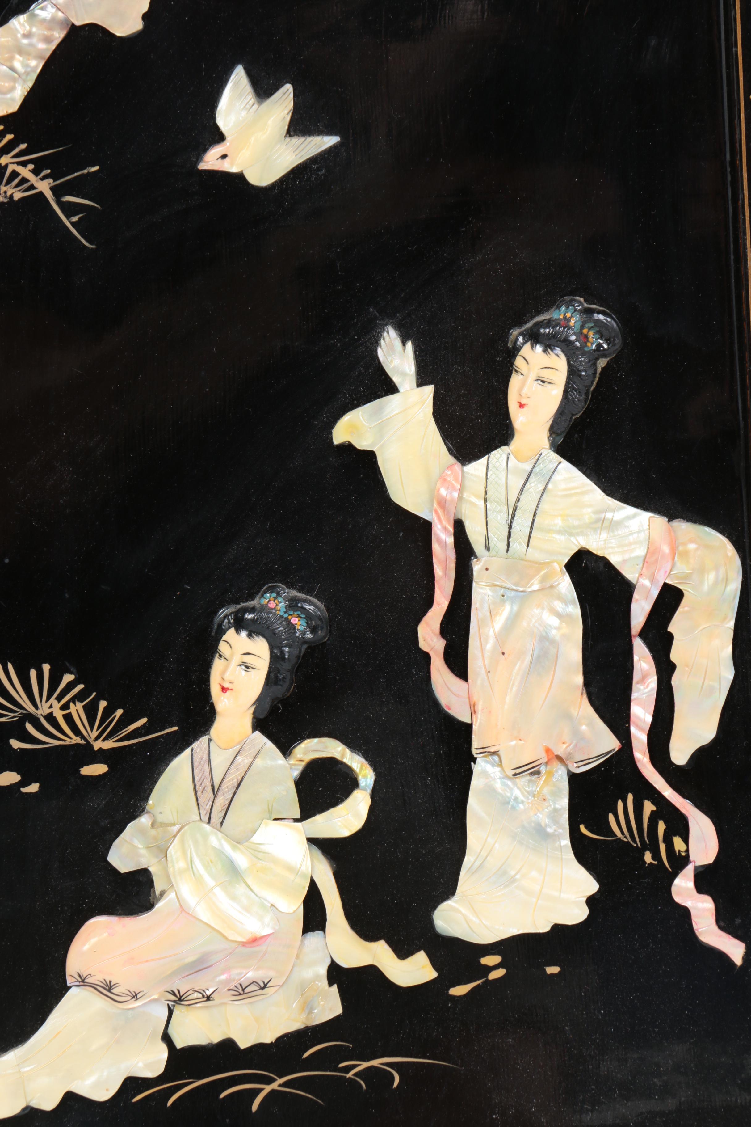 Four Mixed Media Chinese Wall Panels with Abalone Accents