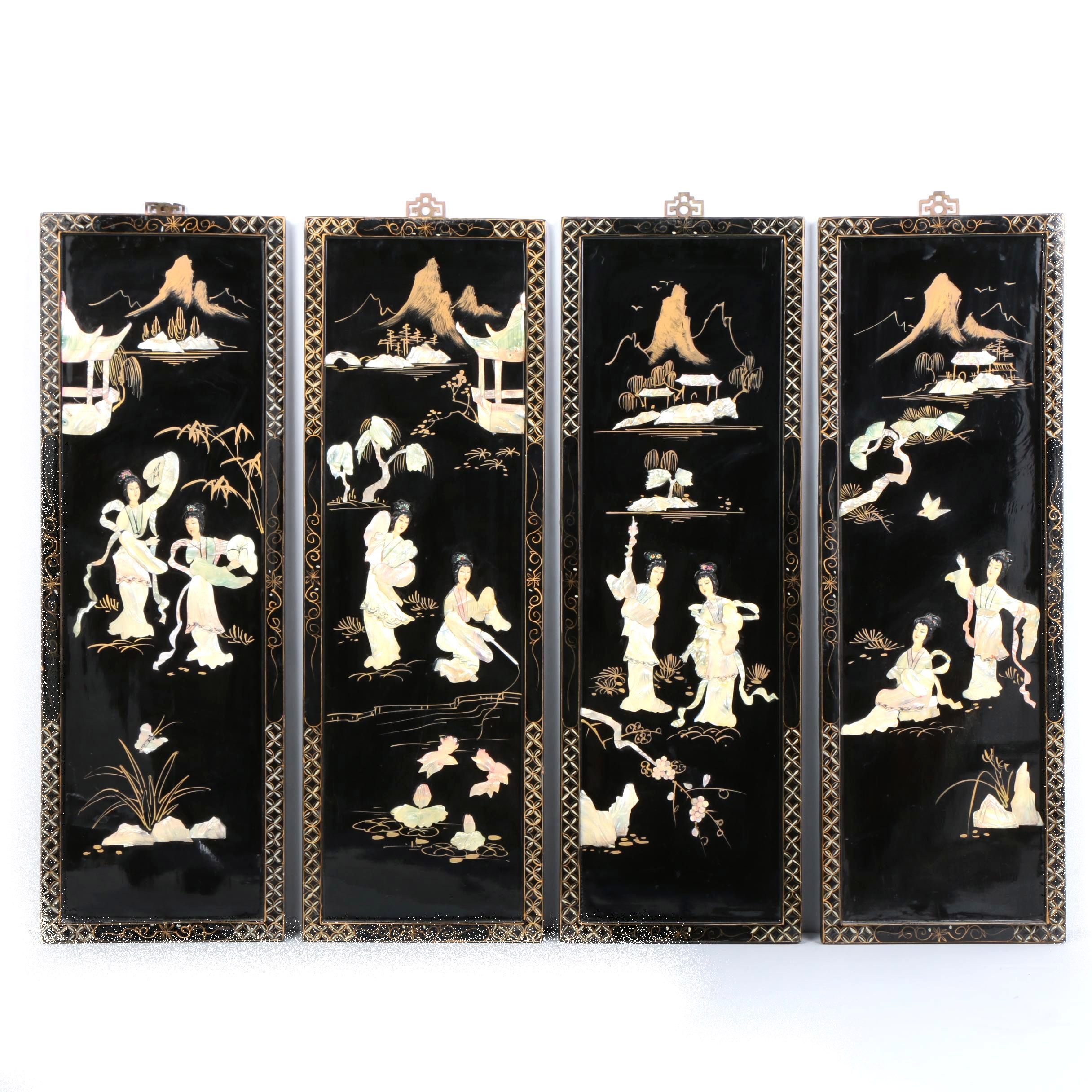 Four Mixed Media Chinese Wall Panels with Abalone Accents