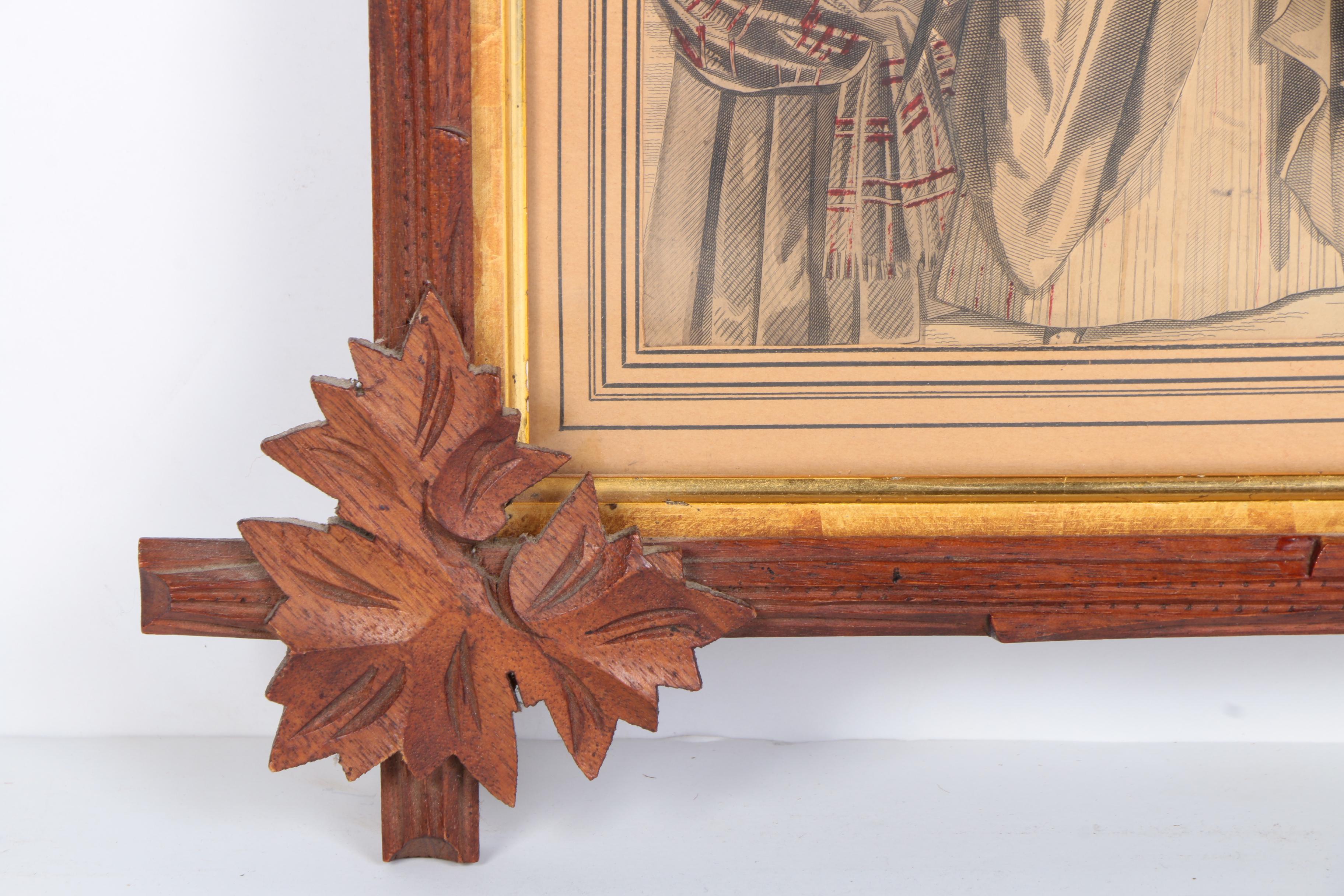 1887 Hand-Colored Fashion Engraving in Carved Tramp Art Frame