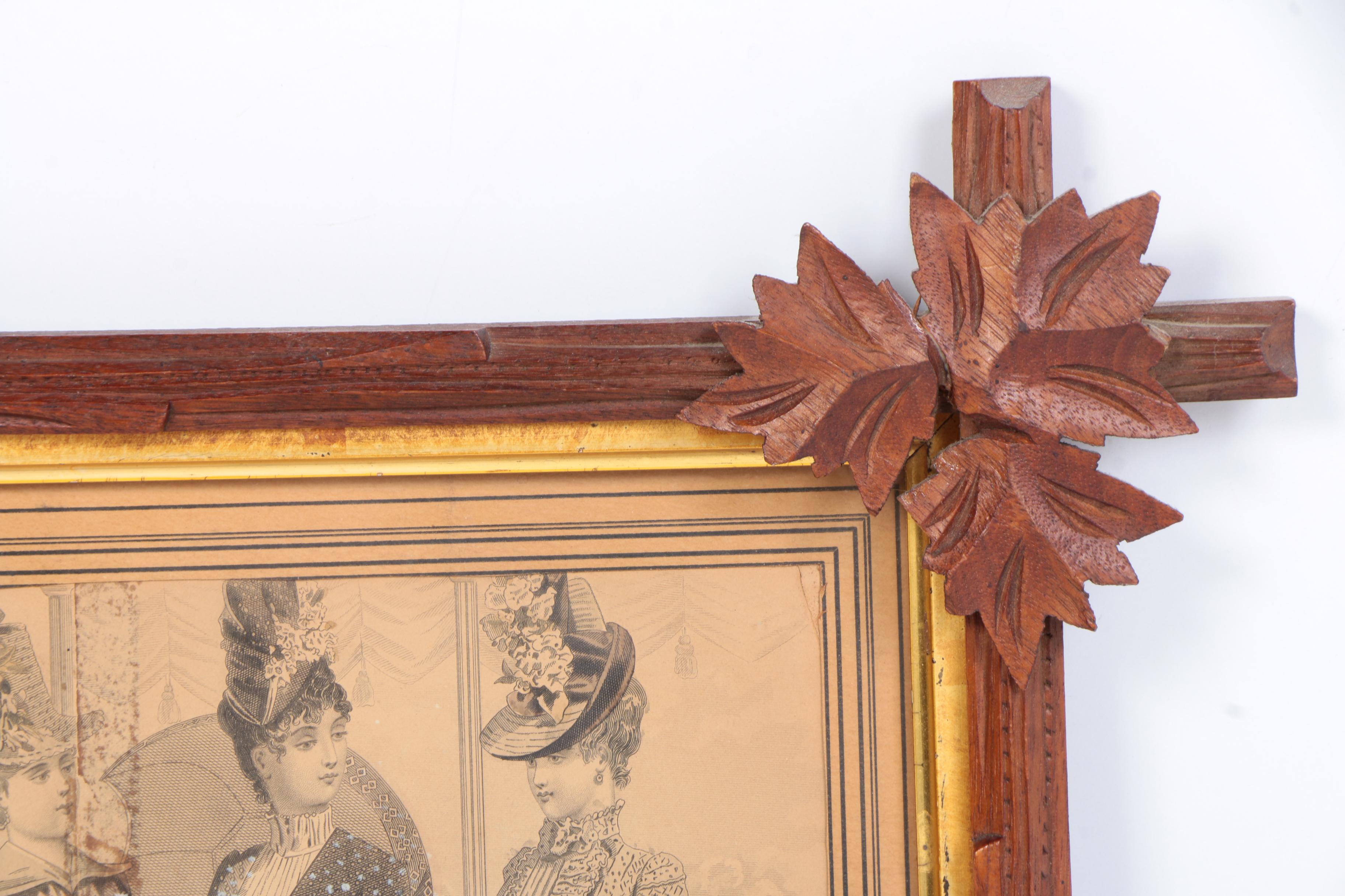 1887 Hand-Colored Fashion Engraving in Carved Tramp Art Frame