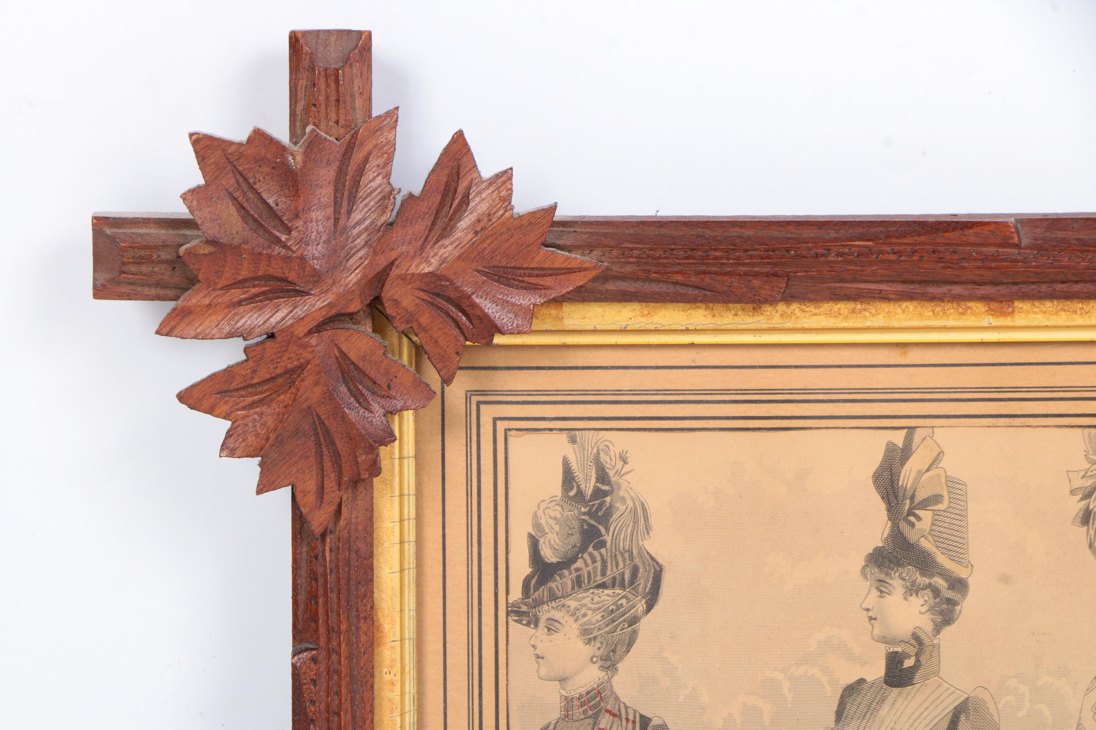 1887 Hand-Colored Fashion Engraving in Carved Tramp Art Frame
