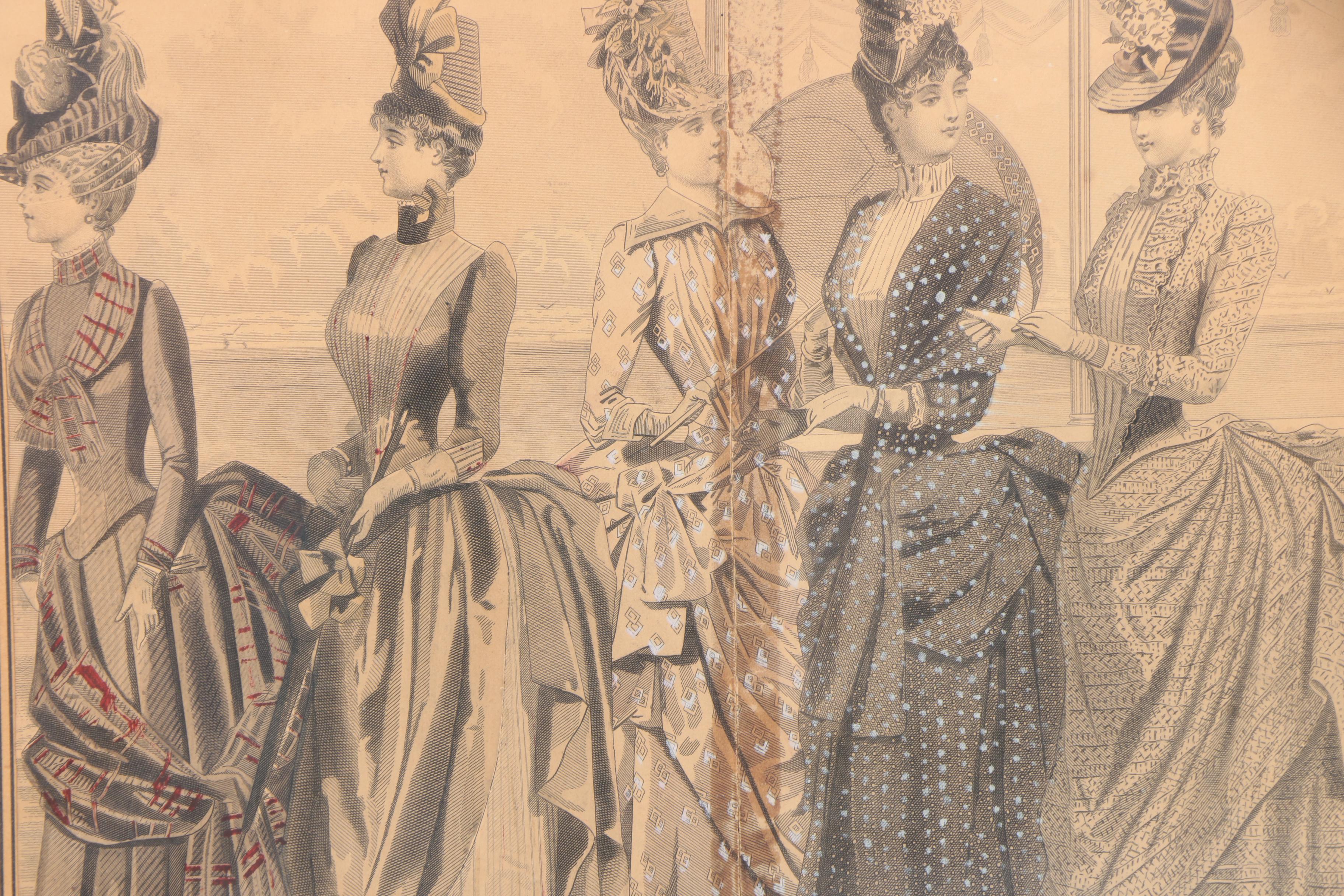 1887 Hand-Colored Fashion Engraving in Carved Tramp Art Frame