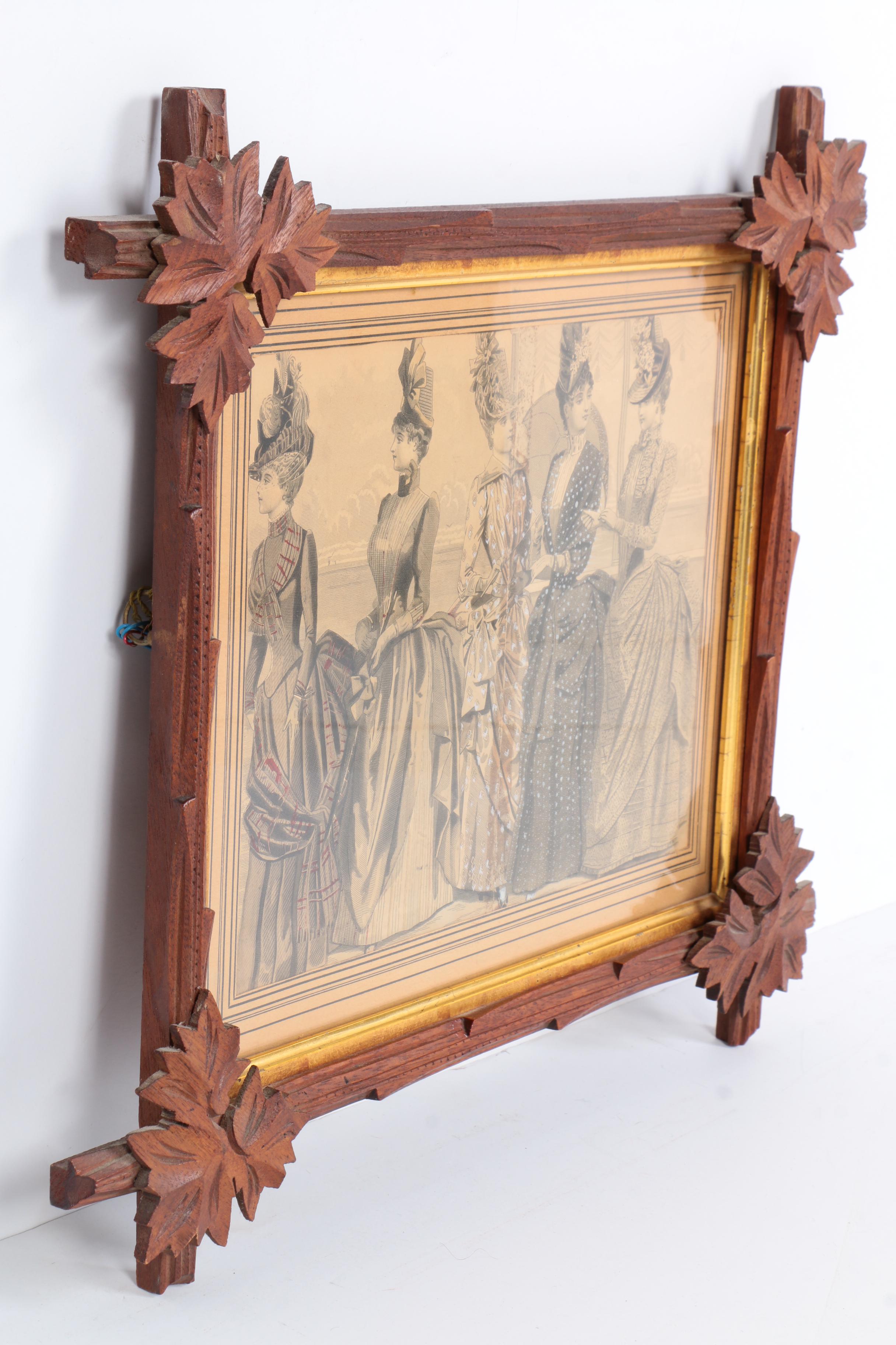 1887 Hand-Colored Fashion Engraving in Carved Tramp Art Frame