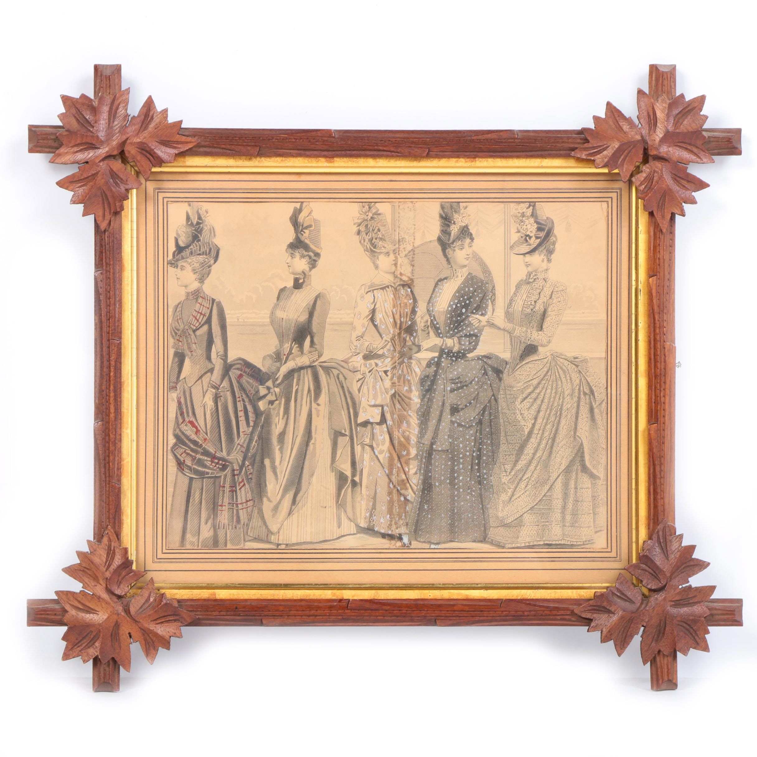 1887 Hand-Colored Fashion Engraving in Carved Tramp Art Frame