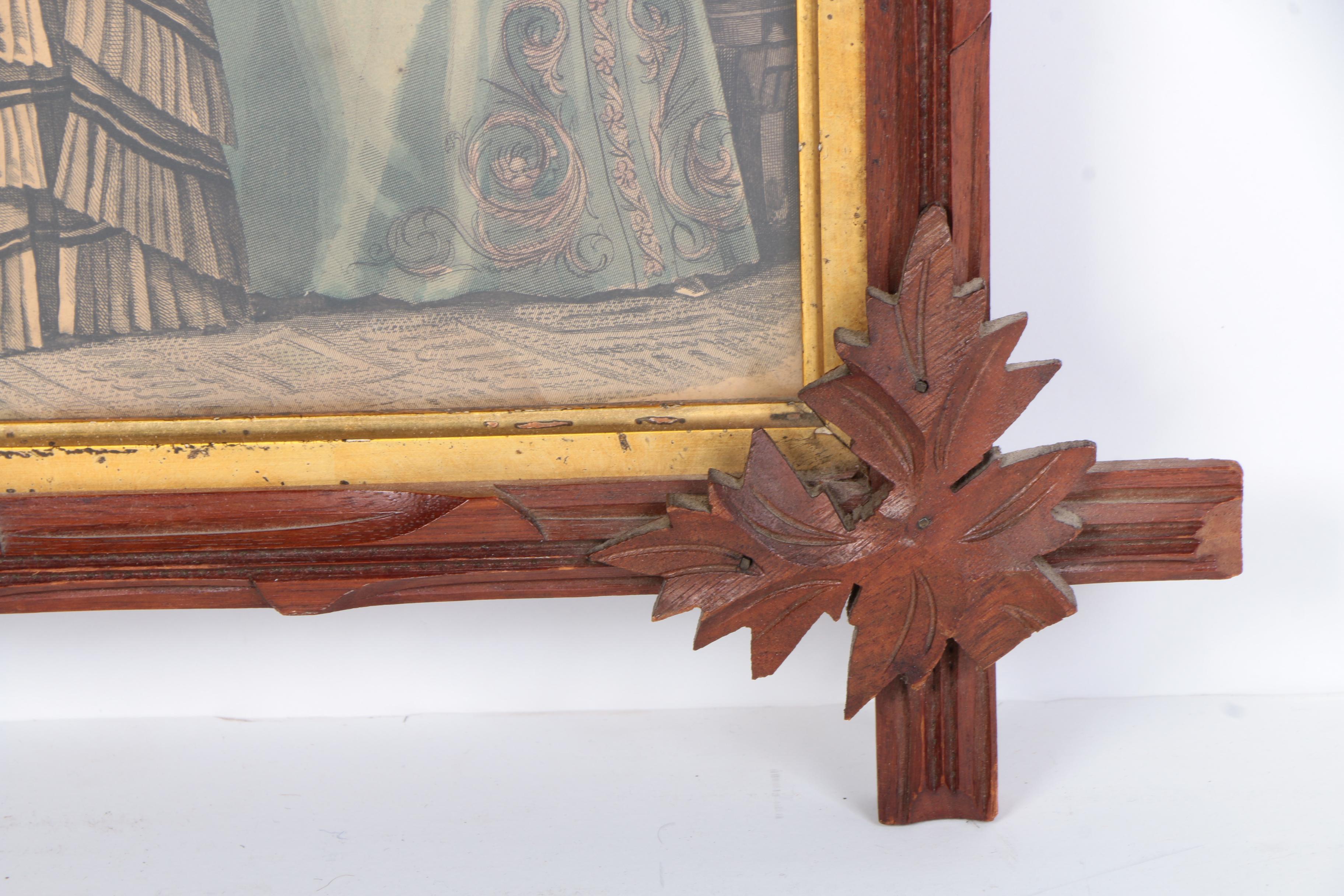 1872 Hand-Colored Fashion Engraving in Carved Tramp Art Frame