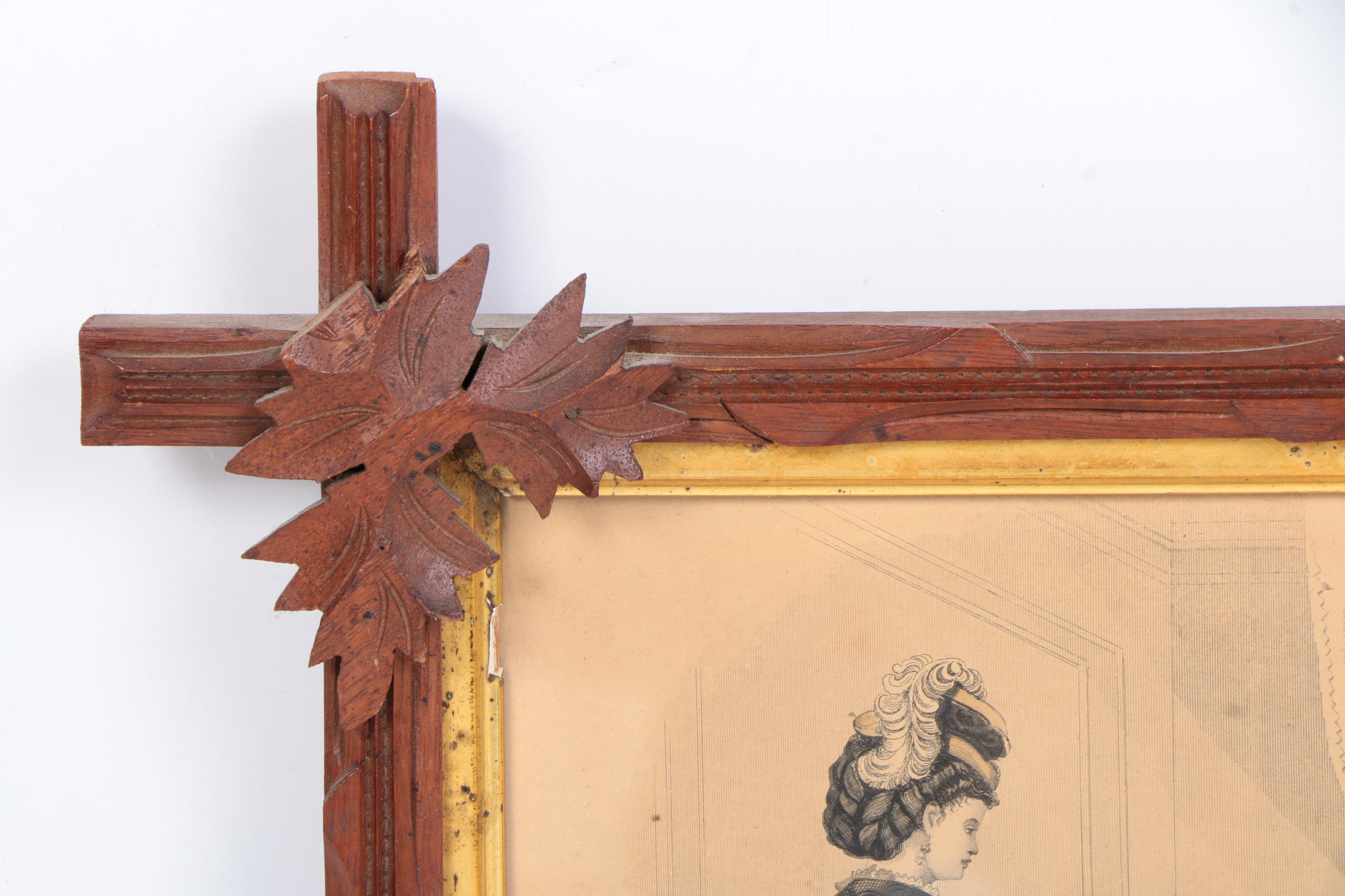 1872 Hand-Colored Fashion Engraving in Carved Tramp Art Frame
