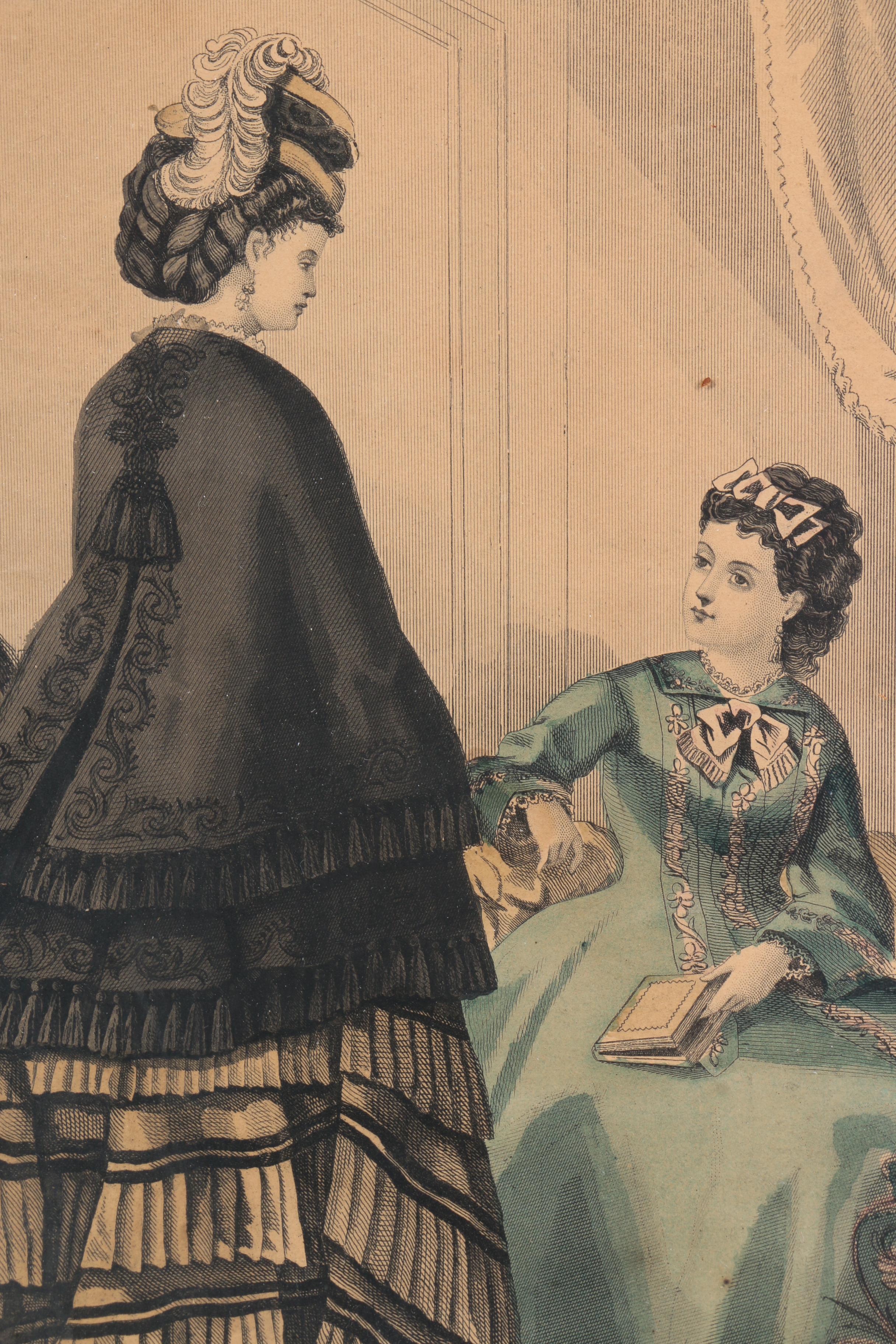 1872 Hand-Colored Fashion Engraving in Carved Tramp Art Frame