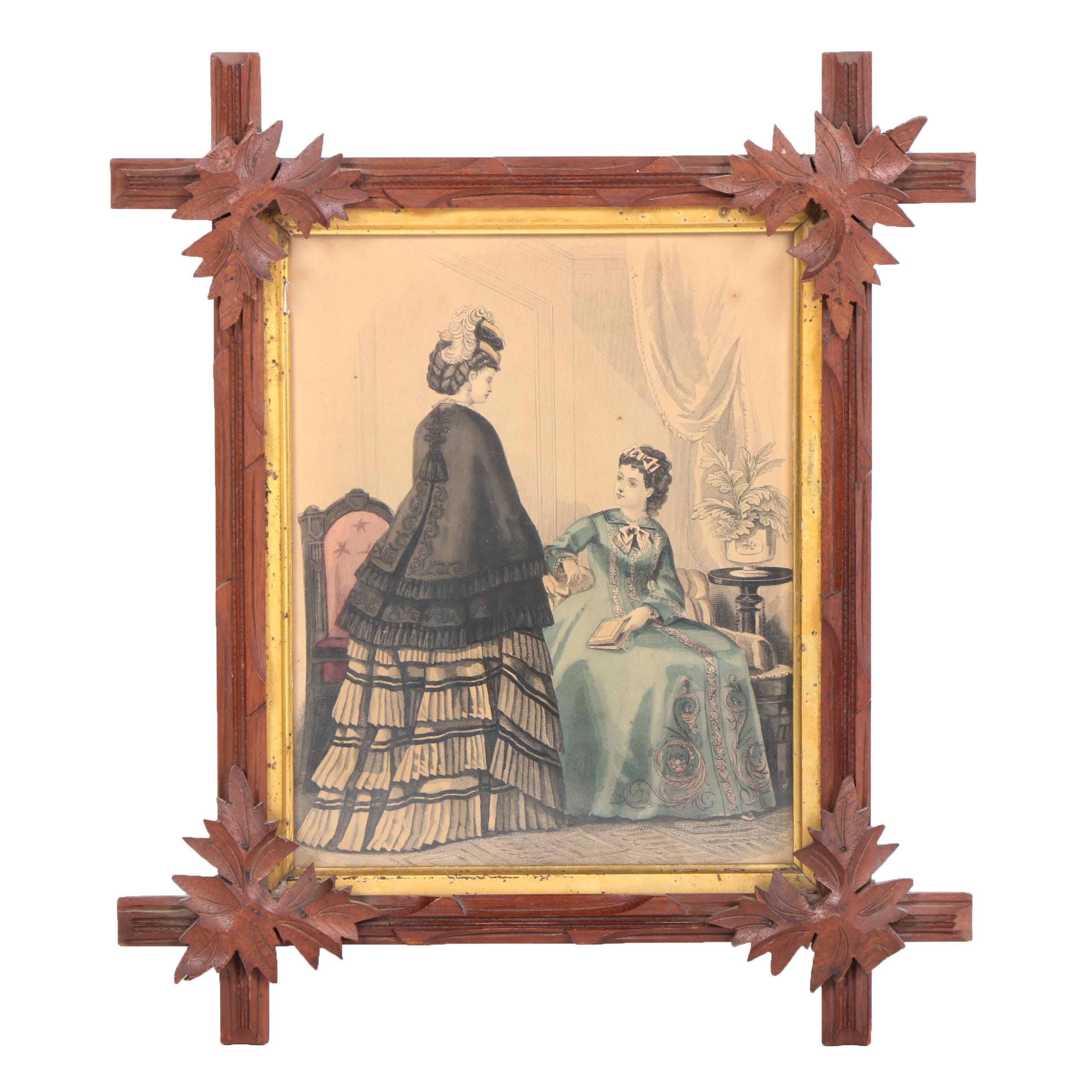 1872 Hand-Colored Fashion Engraving in Carved Tramp Art Frame