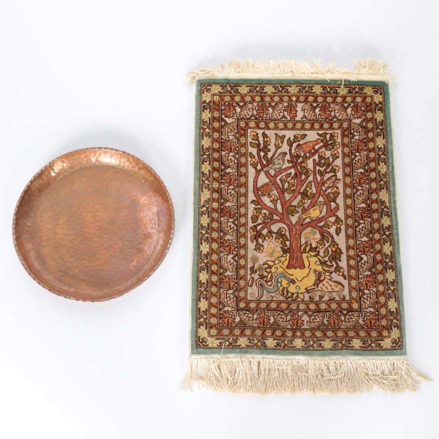 Hand-Knotted Silk Rug and Copper Plate