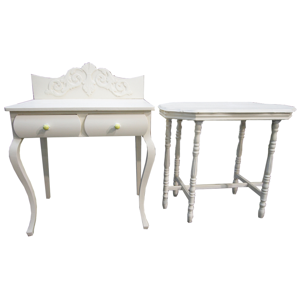 Vintage Cream-Painted Writing Desk and Accent Table