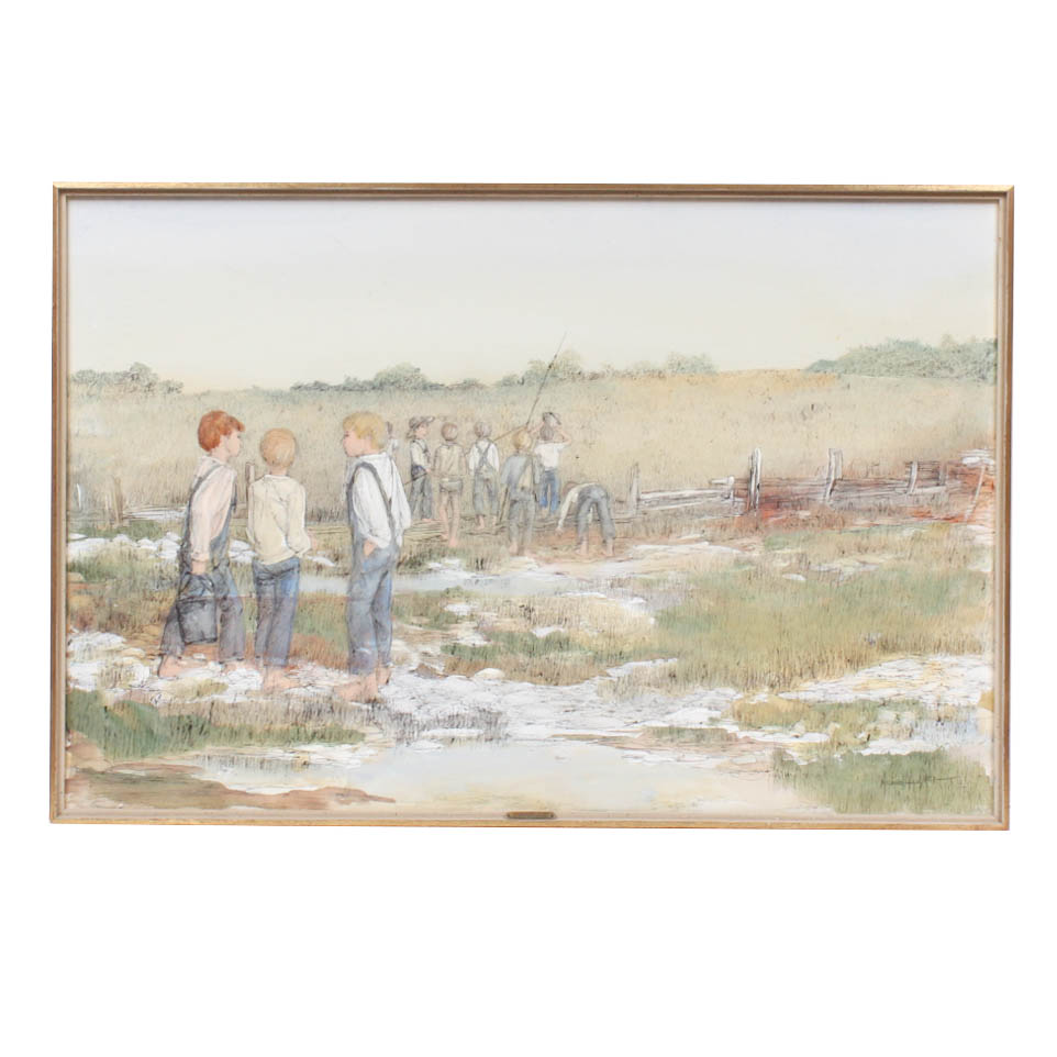 Michael Palmer "Fishing Party" Oil Painting on Canvas