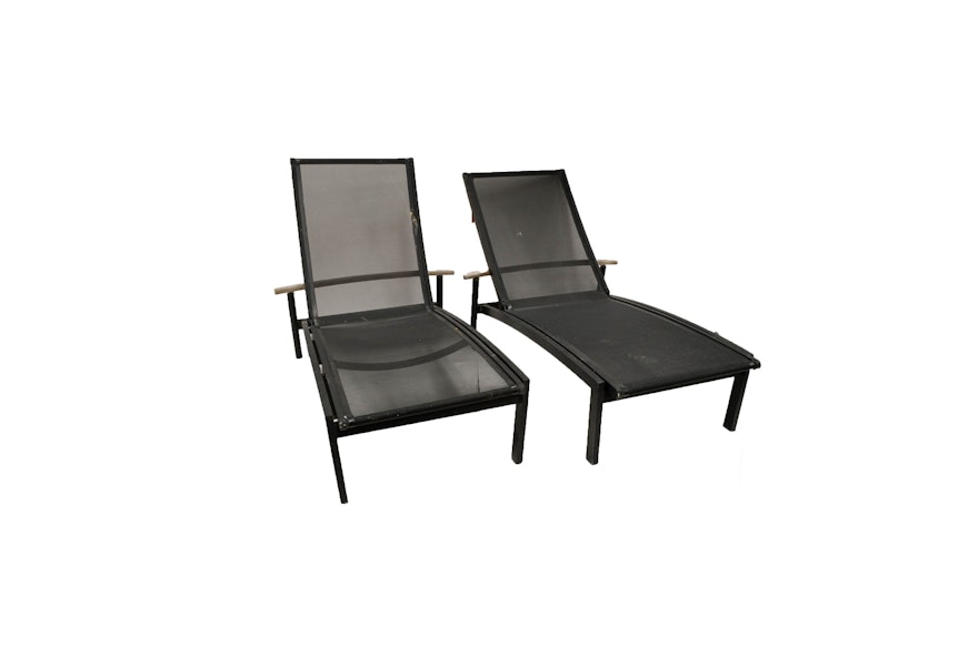 Pair of Black Steel Outdoor Chaise Lounge Chairs