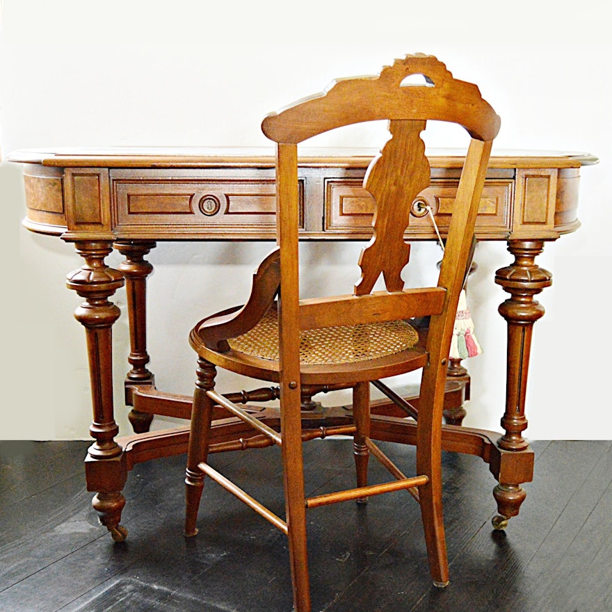Victorian Eastlake Walnut Partner's Table Desk and Chair