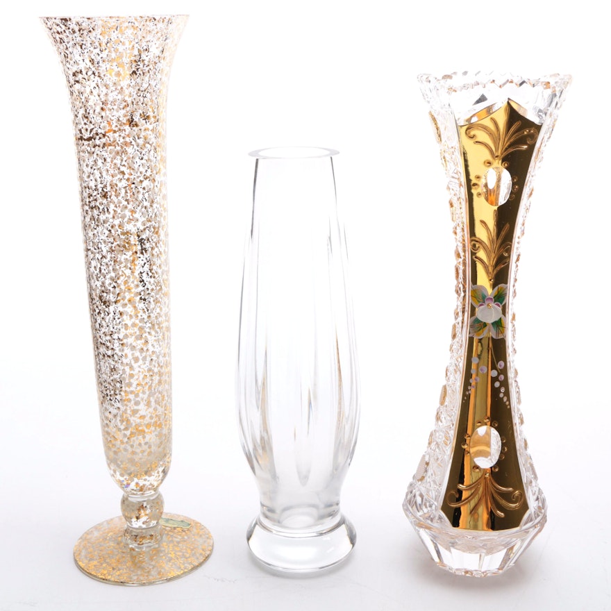 Assorted Glass and Crystal Gold Tone Vases Including Wedgwood
